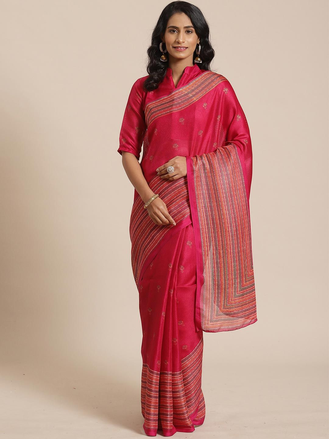 Saree mall Pink & Orange Woven Design Jute Silk Sarees Price in India