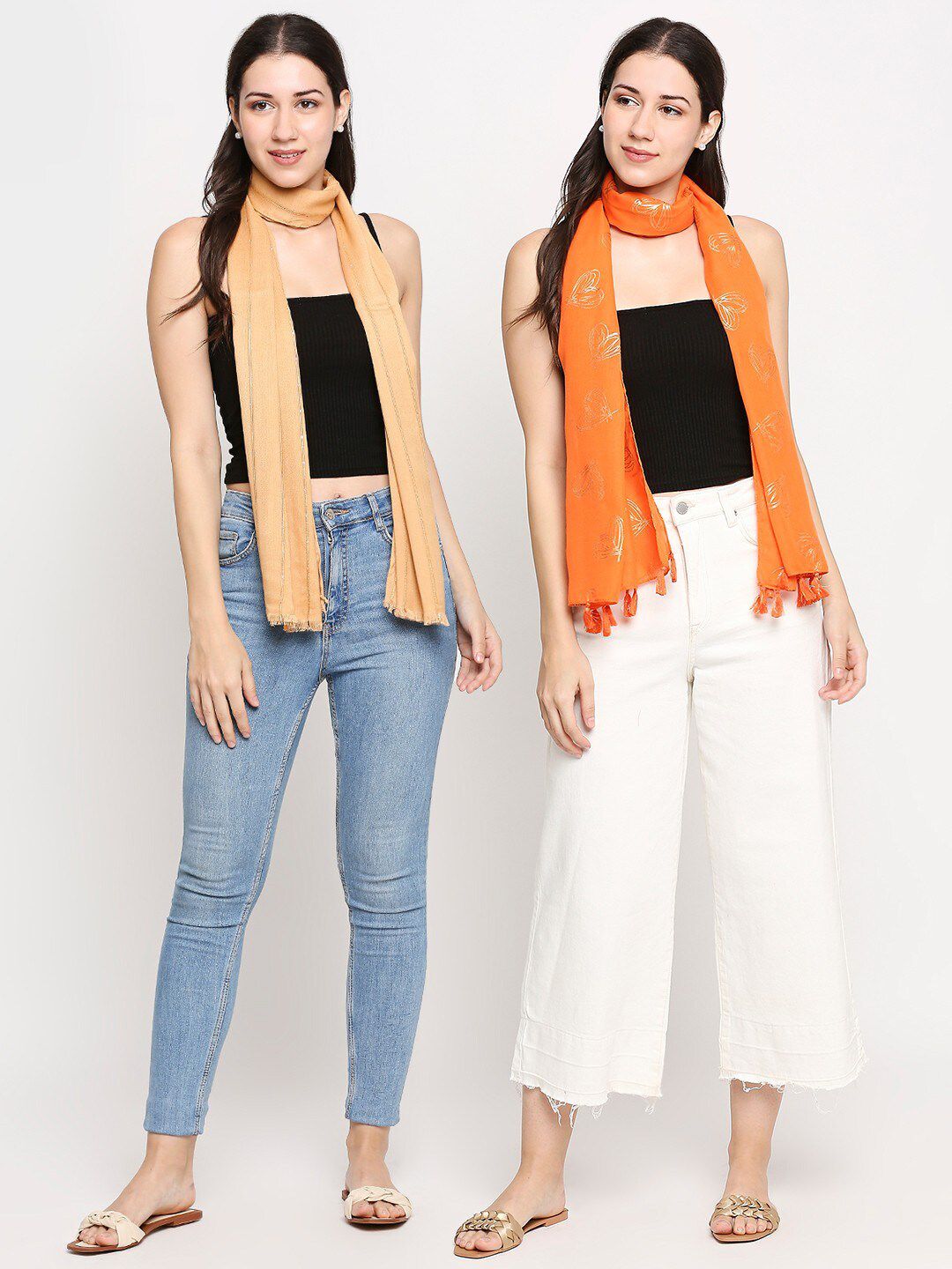 Get Wrapped Women Pack Of 2 Orange & Beige Printed Scarves Price in India