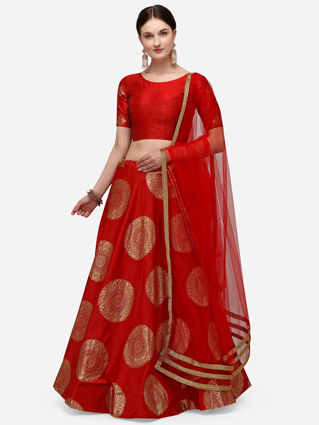 LOOKNBOOK ART Red & Gold-Toned Semi-Stitched Lehenga & Unstitched Blouse With Dupatta Price in India