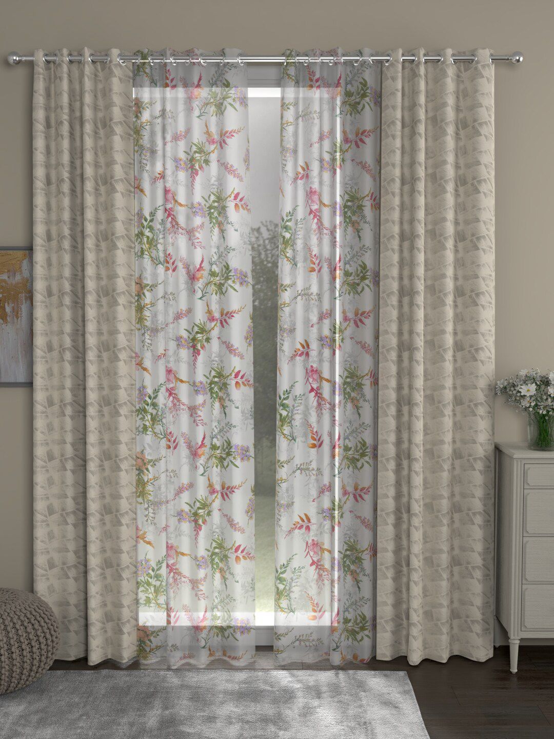 ROSARA HOME Beige & Pink Set of 4 Floral Regular & Sheer Long Door Curtain Price in India