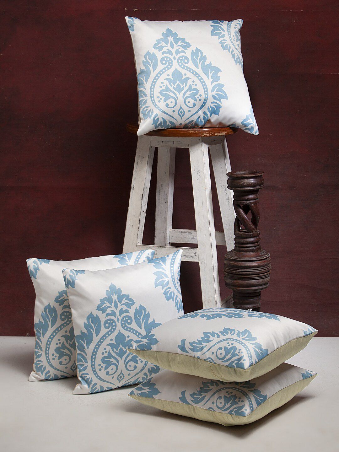 HOSTA HOMES Off White & Turquoise Blue Set of 5 Ethnic Motifs Square Cushion Covers Price in India