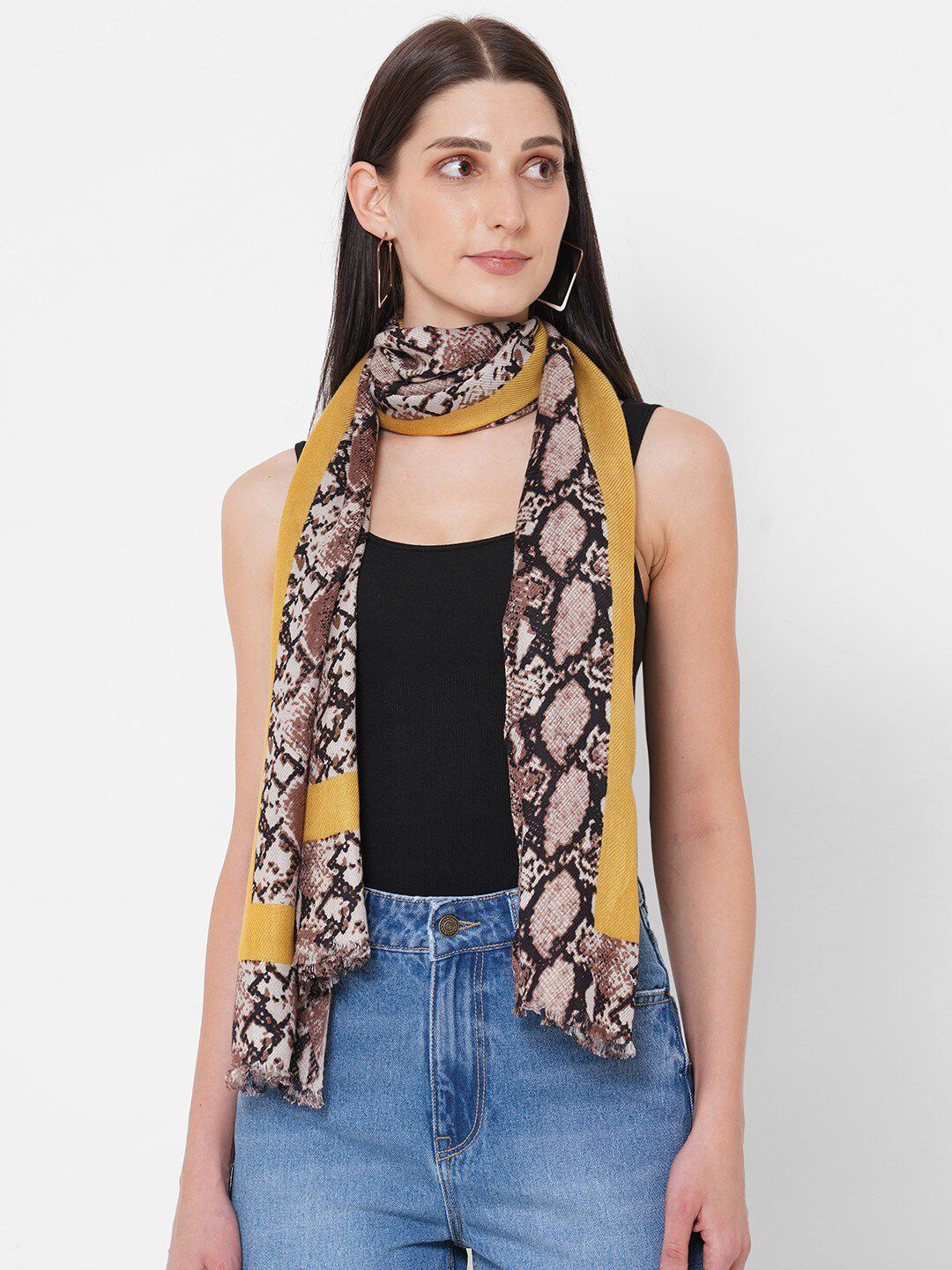 Get Wrapped Women Brown & Yellow Printed Scarf Price in India