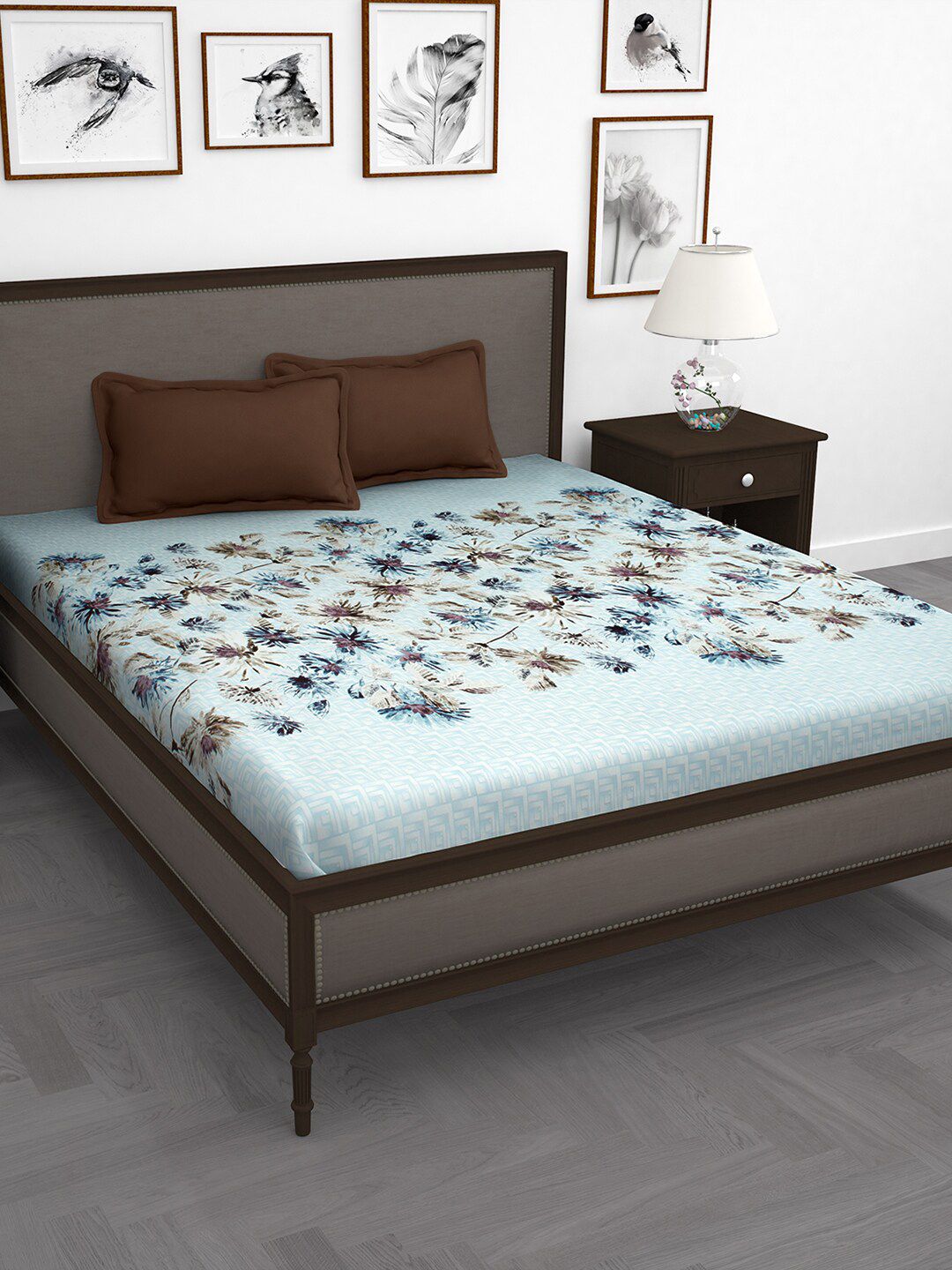 Story@home Blue & Brown Floral King Bedsheet with 2 Pillow Covers Price in India