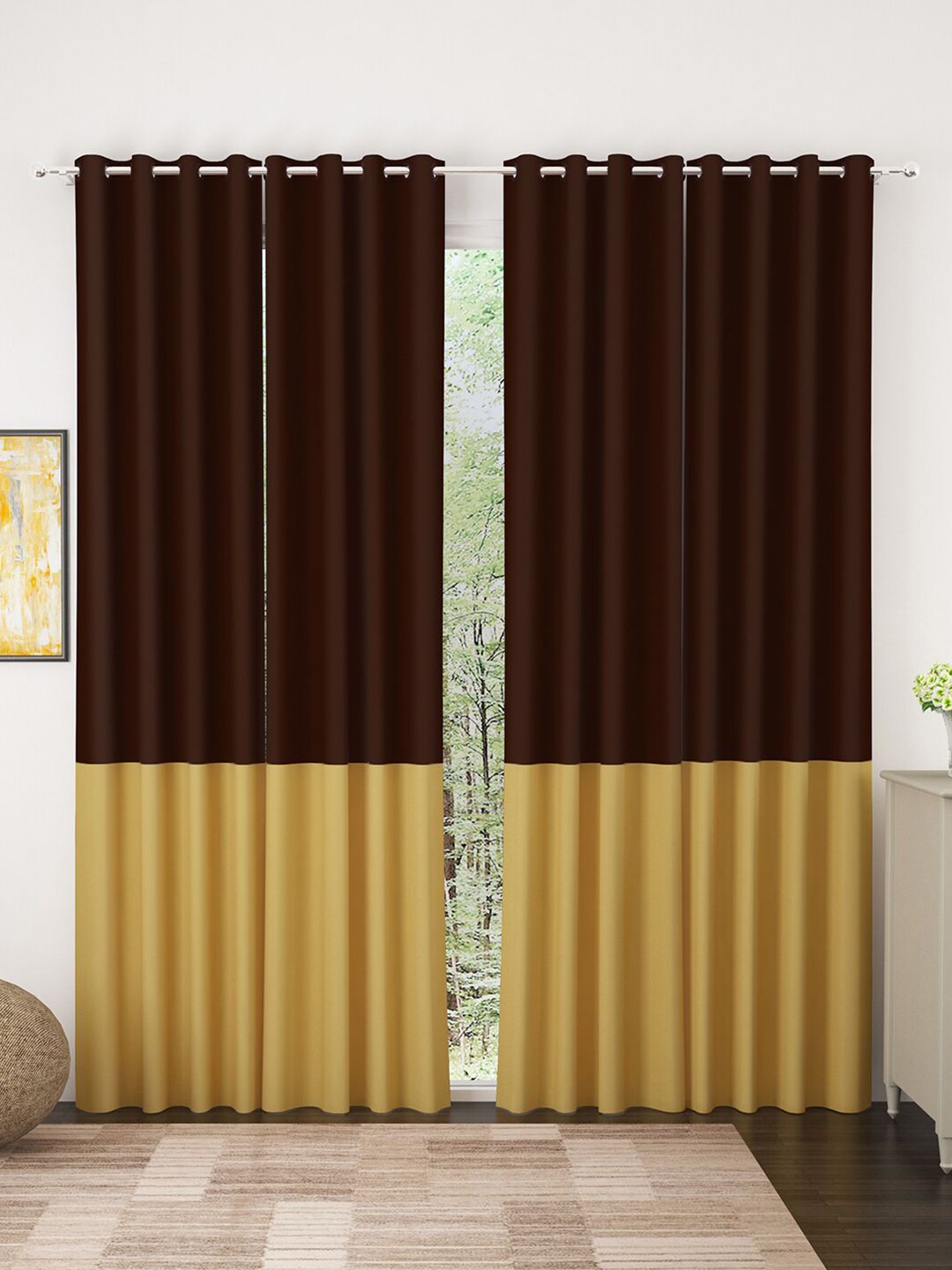 Story@home Brown & Gold-Toned Set of 4 Faux Silk Colourblocked Room Darkening Door Curtain Price in India