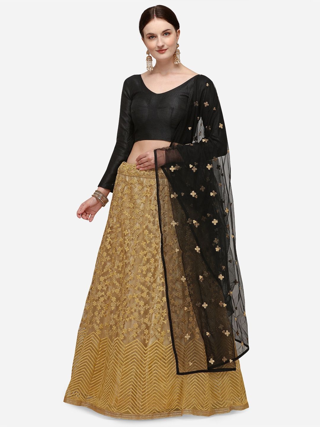 LOOKNBOOK ART Cream-Coloured & Black Semi-Stitched Lehenga & Unstitched Blouse With Dupatta