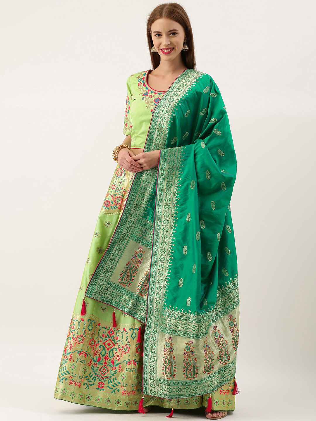 Kvsfab Green & Pink Embroidered Semi-Stitched Lehenga & Unstitched Blouse With Dupatta