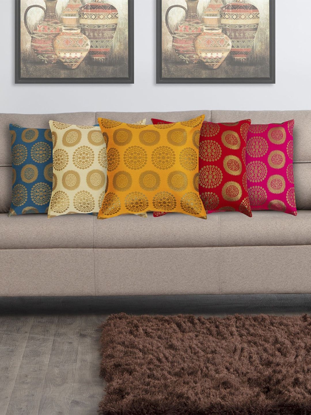 Home Centre Multicoloured Set of 5 Ethnic Motifs Square Cushion Covers Price in India