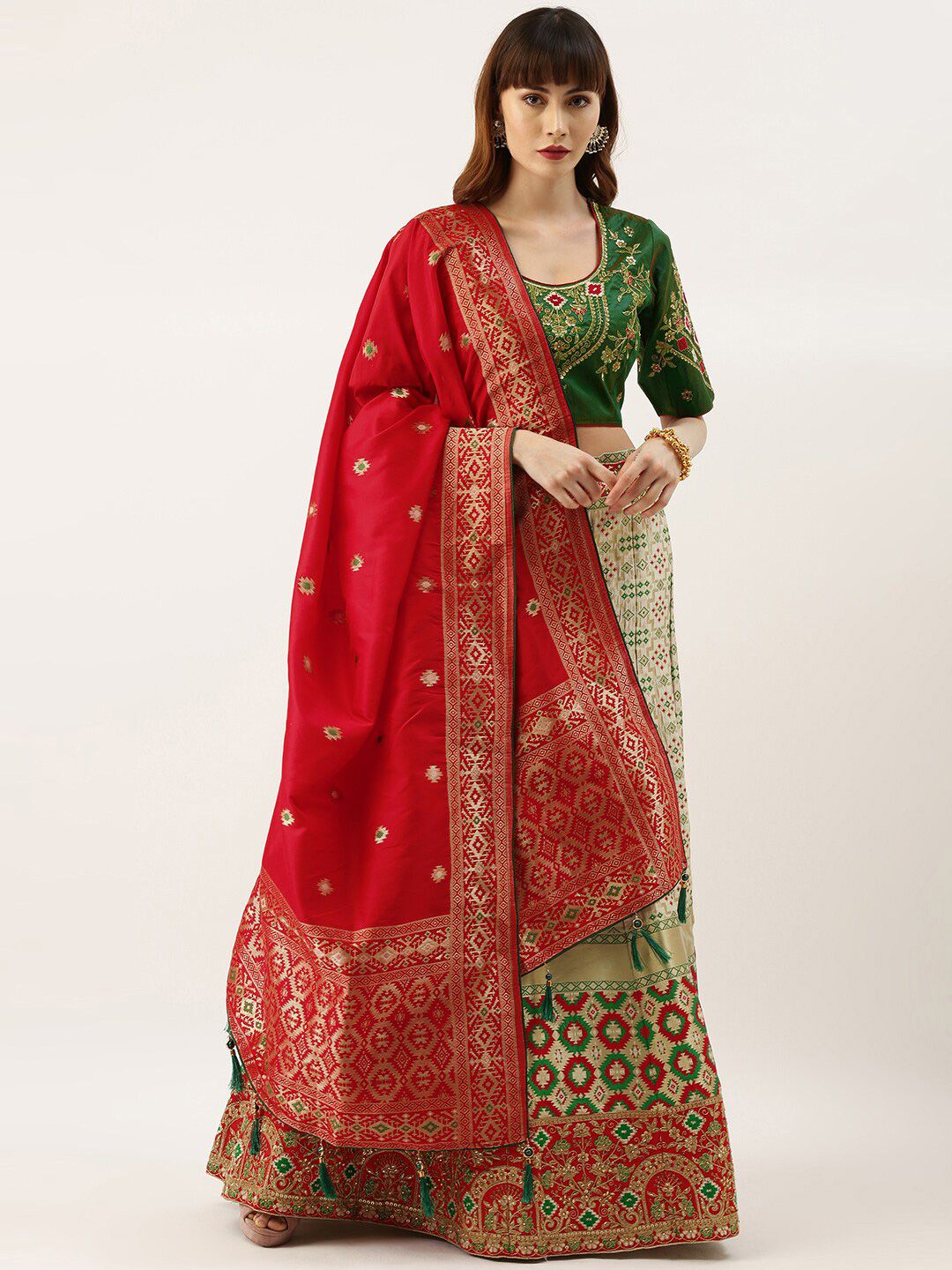 Kvsfab Green & Red Embroidered Semi-Stitched Lehenga & Unstitched Blouse With Dupatta