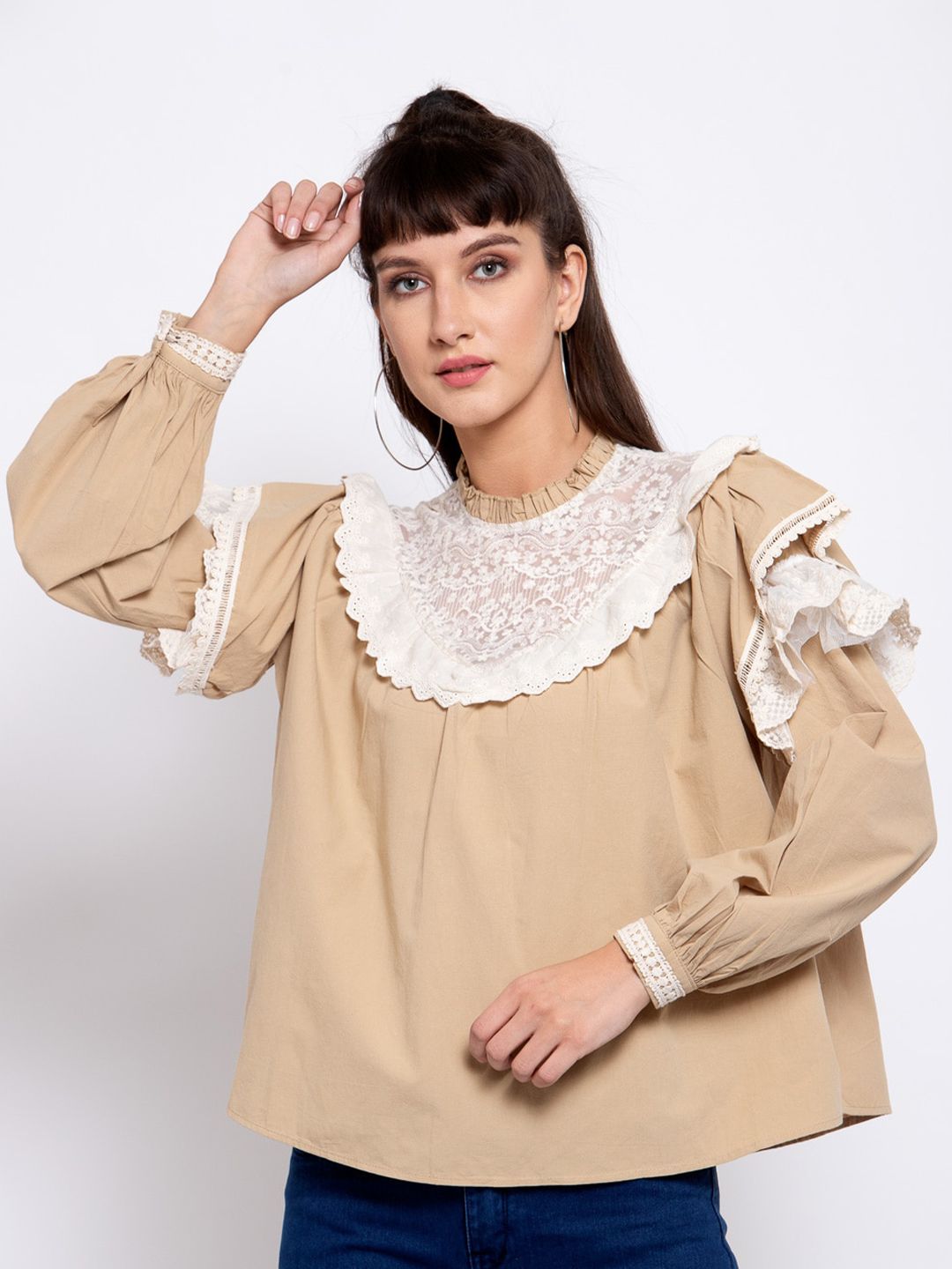 iki chic Women Beige Embroidered  Puff Sleeve Boxy Top Price in India