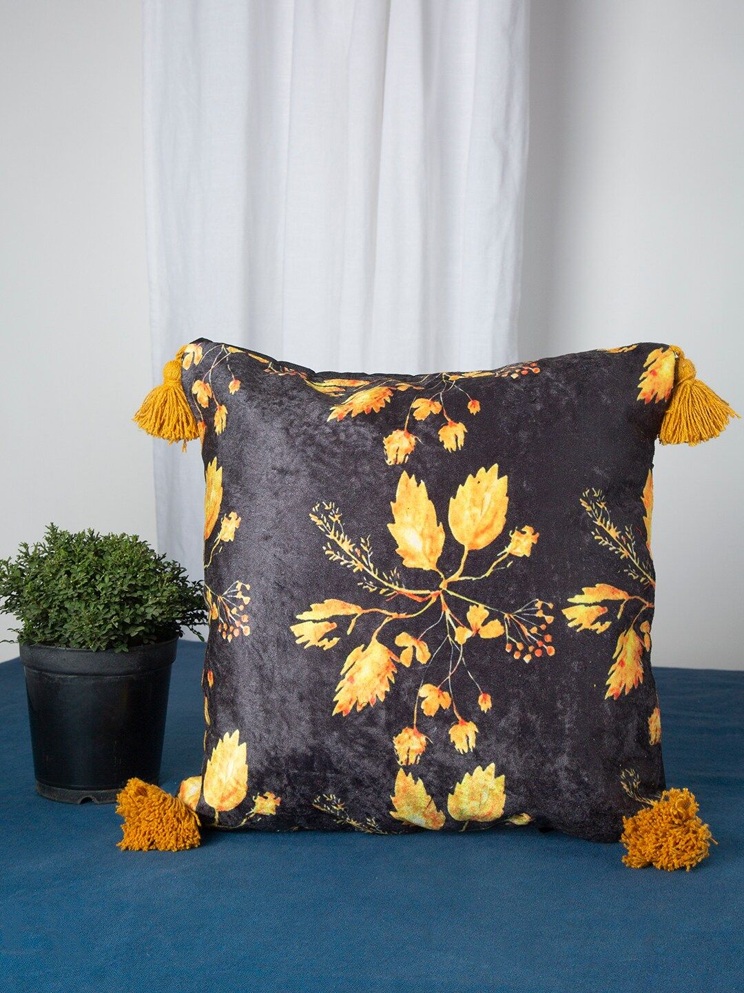 HOSTA HOMES Charcoal Black & Yellow Floral Single Velvet Square Cushion Cover Price in India
