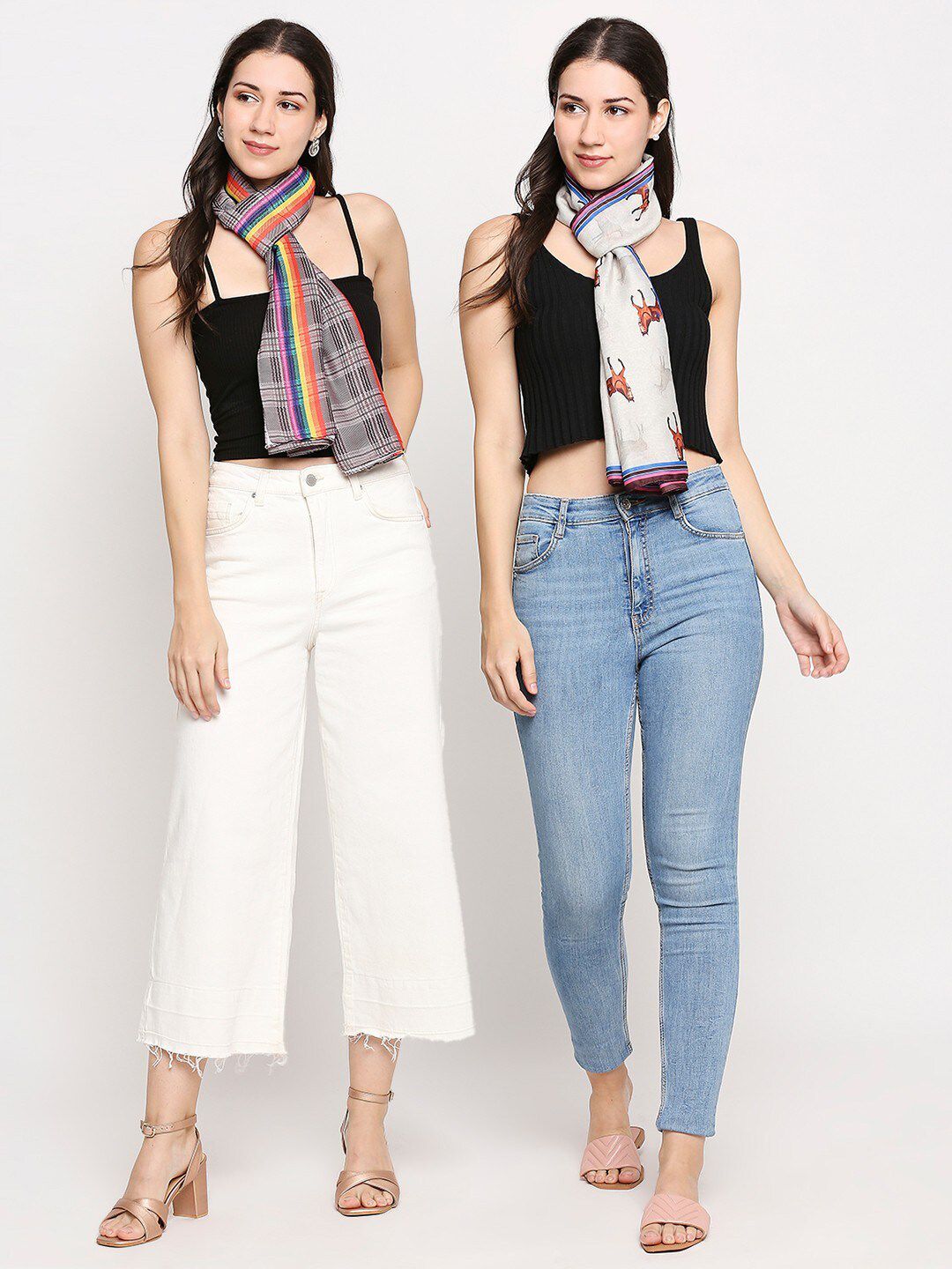 Get Wrapped Women Pack Of 2 Off White & Brown Printed Scarf Price in India