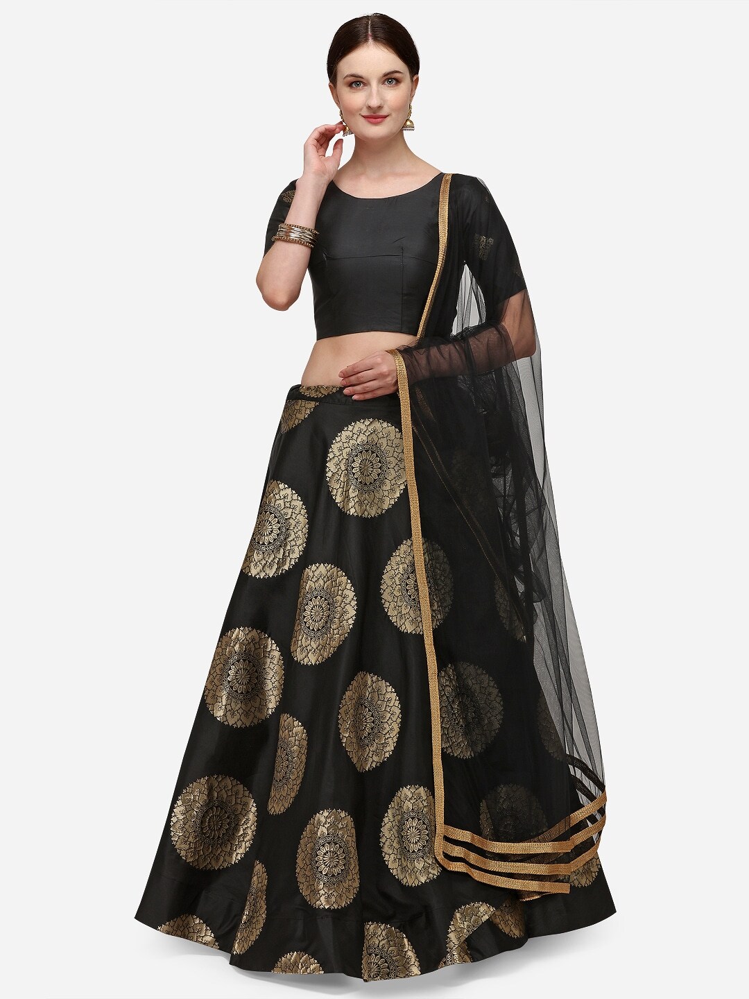 LOOKNBOOK ART Black & Gold-Toned Semi-Stitched Jacquard Banarasi Silk Lehenga Choli Price in India