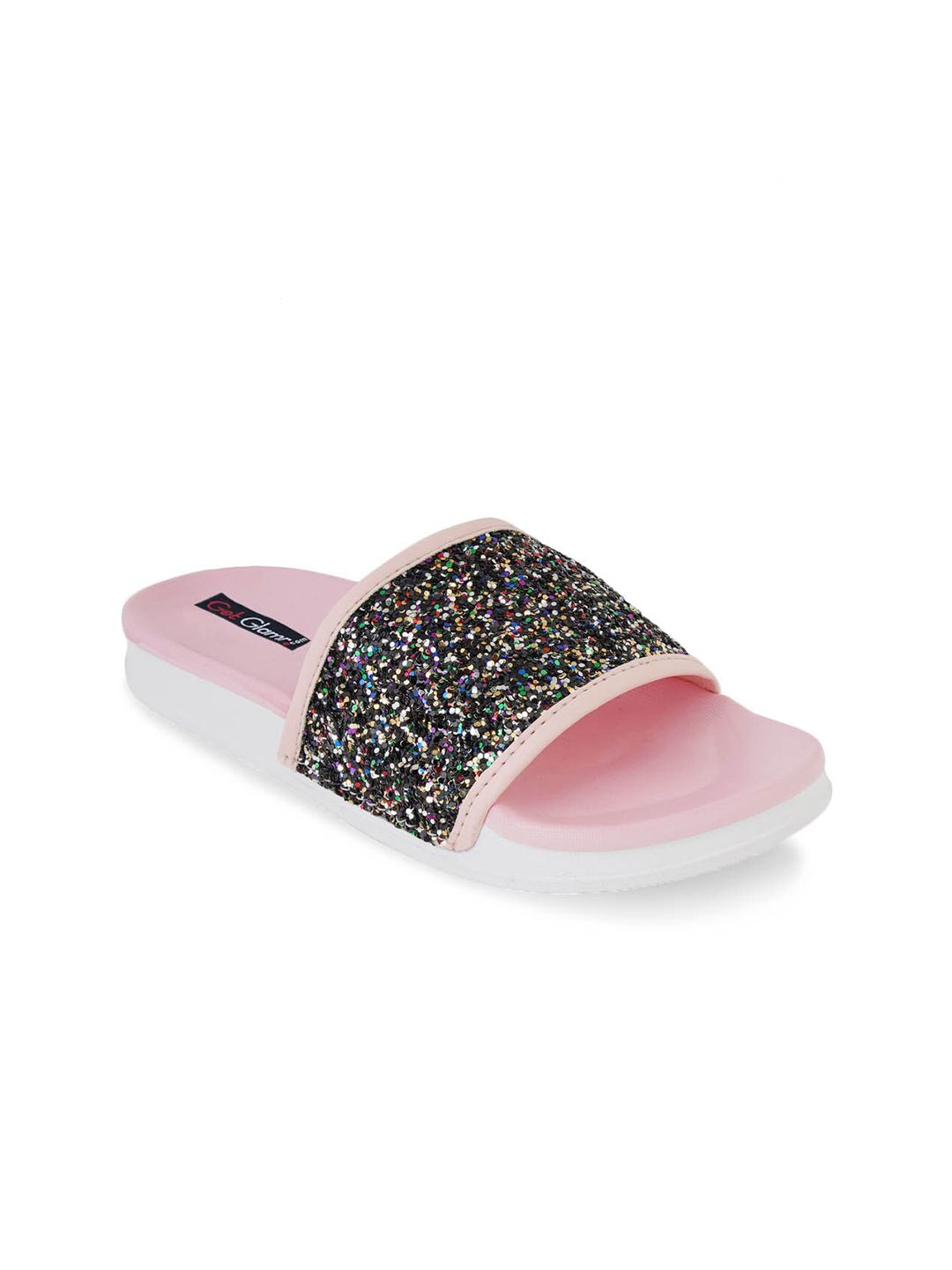 Get Glamr Women Pink & Black Embellished Sliders Price in India