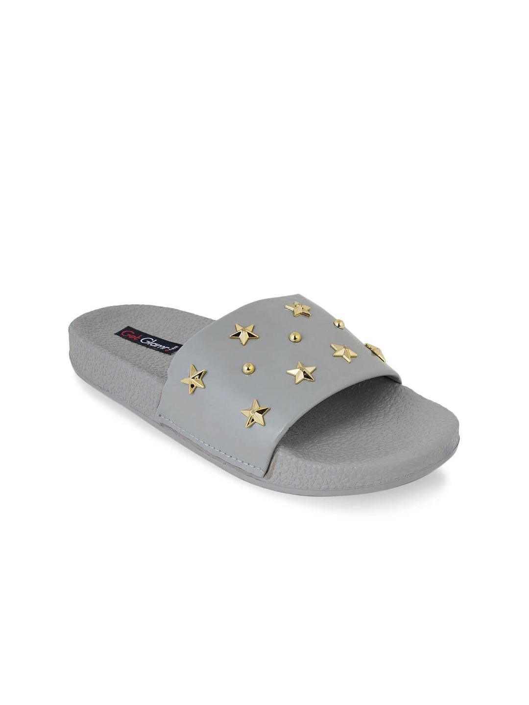 Get Glamr Women Grey & Gold-Toned Embellished Sliders Price in India