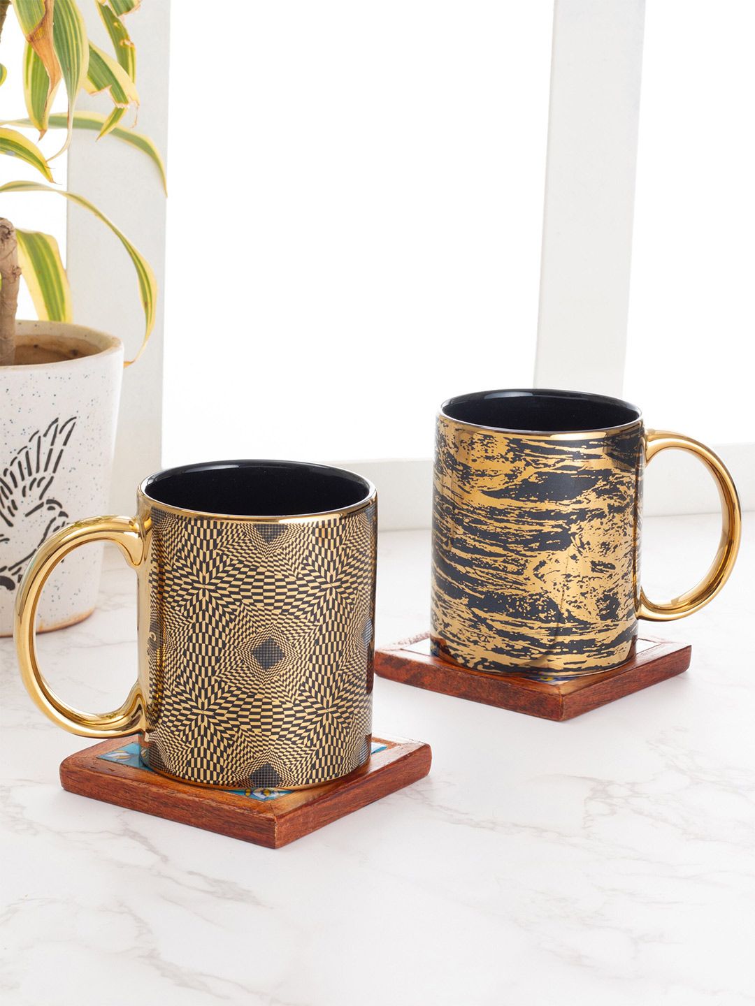 CLAY CRAFT Black & Gold-Toned Printed Ceramic Glossy Set of 2 Mugs 350 ml Price in India