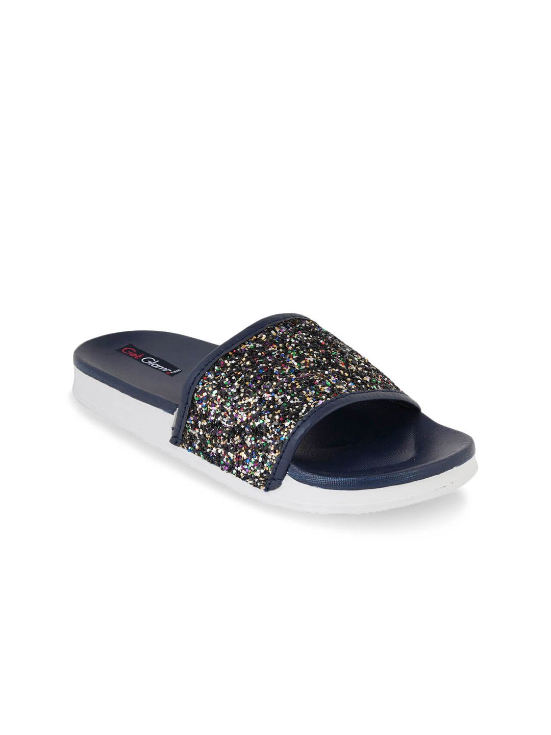 Get Glamr Women Navy Blue & Gold-Toned Embellished Sliders Price in India