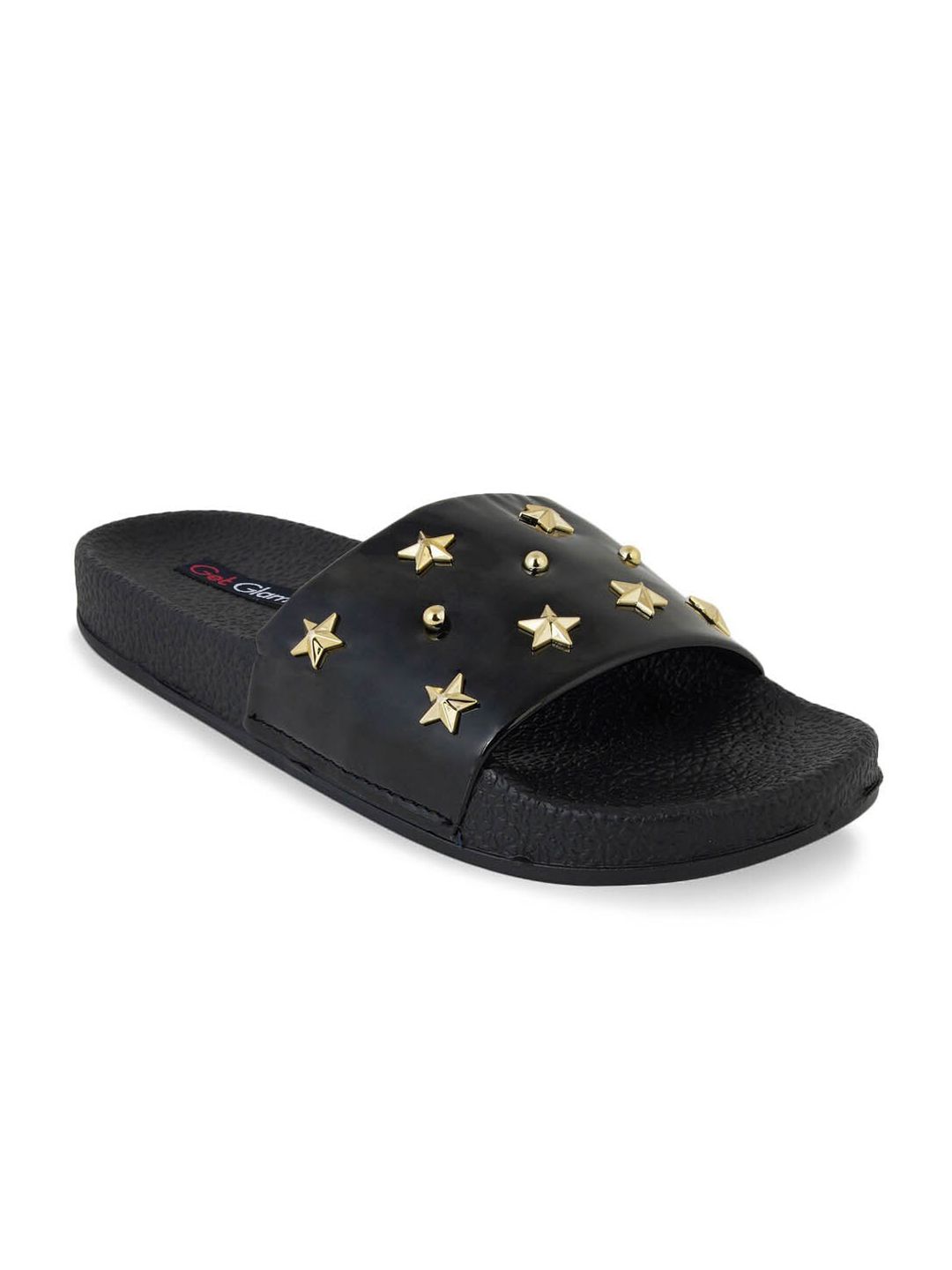 Get Glamr Women Black & Gold-Toned Printed Sliders Price in India