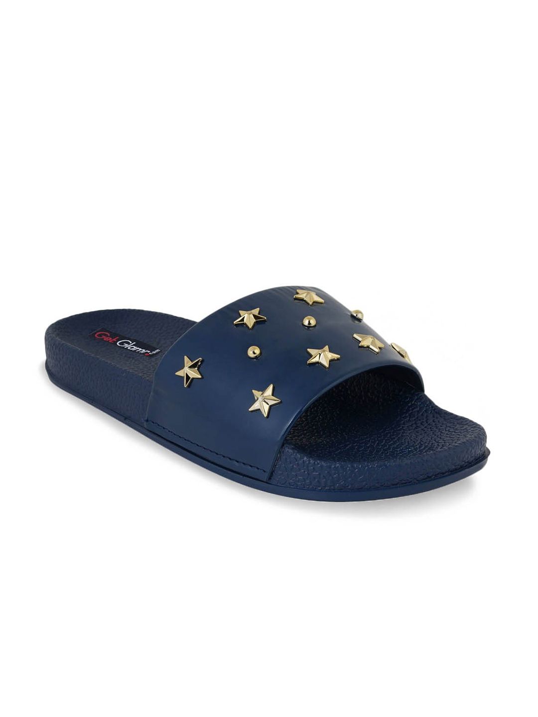 Get Glamr Women Navy Blue & Gold-Toned Embellished Sliders Price in India