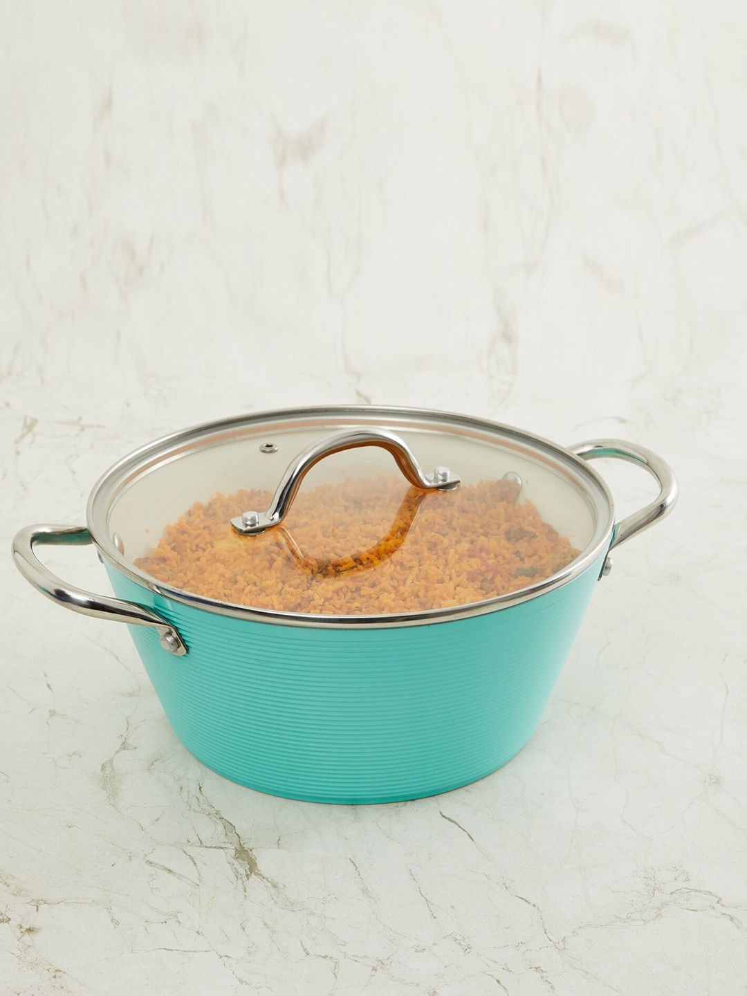 Homecentre White & Turquoise Blue Solid Elite Helix Covered Casserole with Glass Lid Price in India