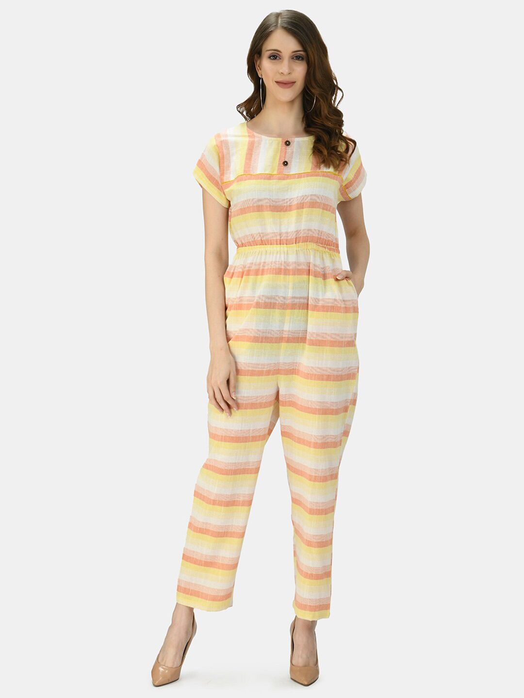 Myshka Yellow & White Striped Basic Cotton Jumpsuit Price in India