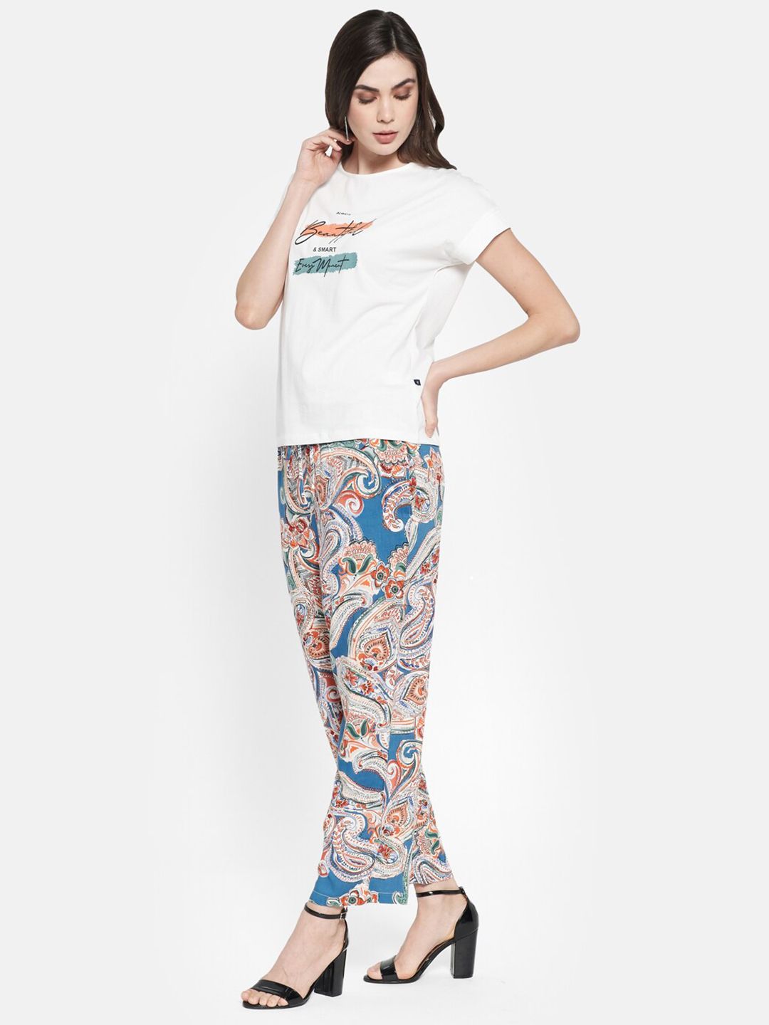 Monte Carlo Women Cream & Blue Printed T-shirt with Palazzos