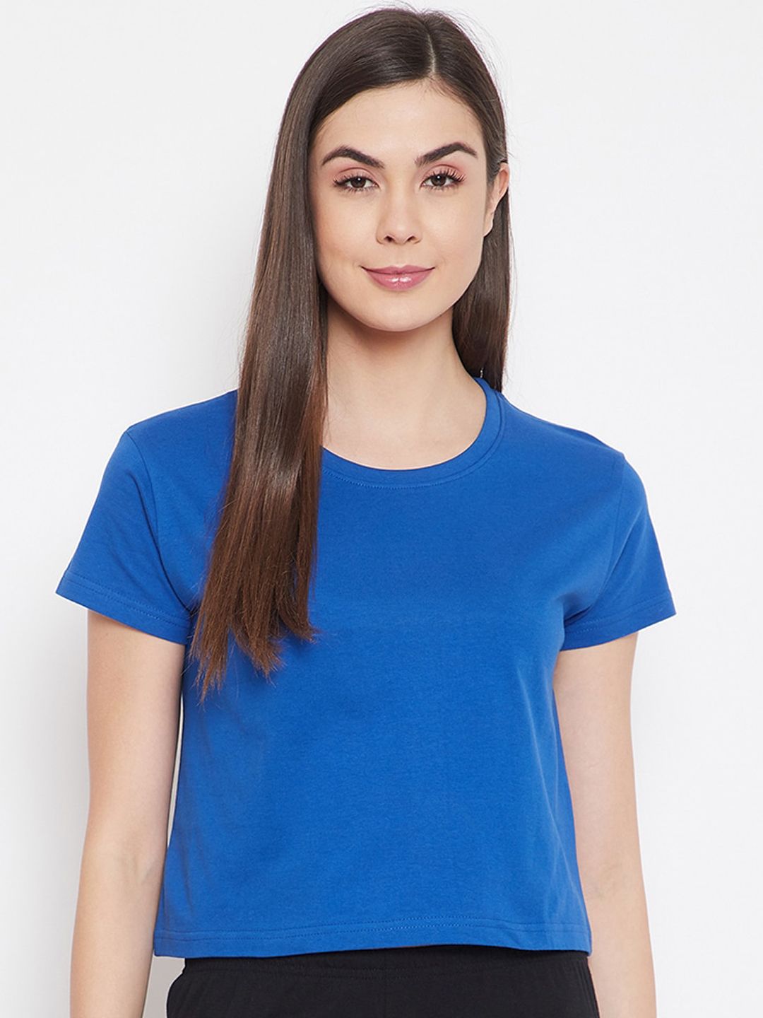 Clovia Womens Blue Cotton Chic Basic Short Sleeve Crop Tees Price in India
