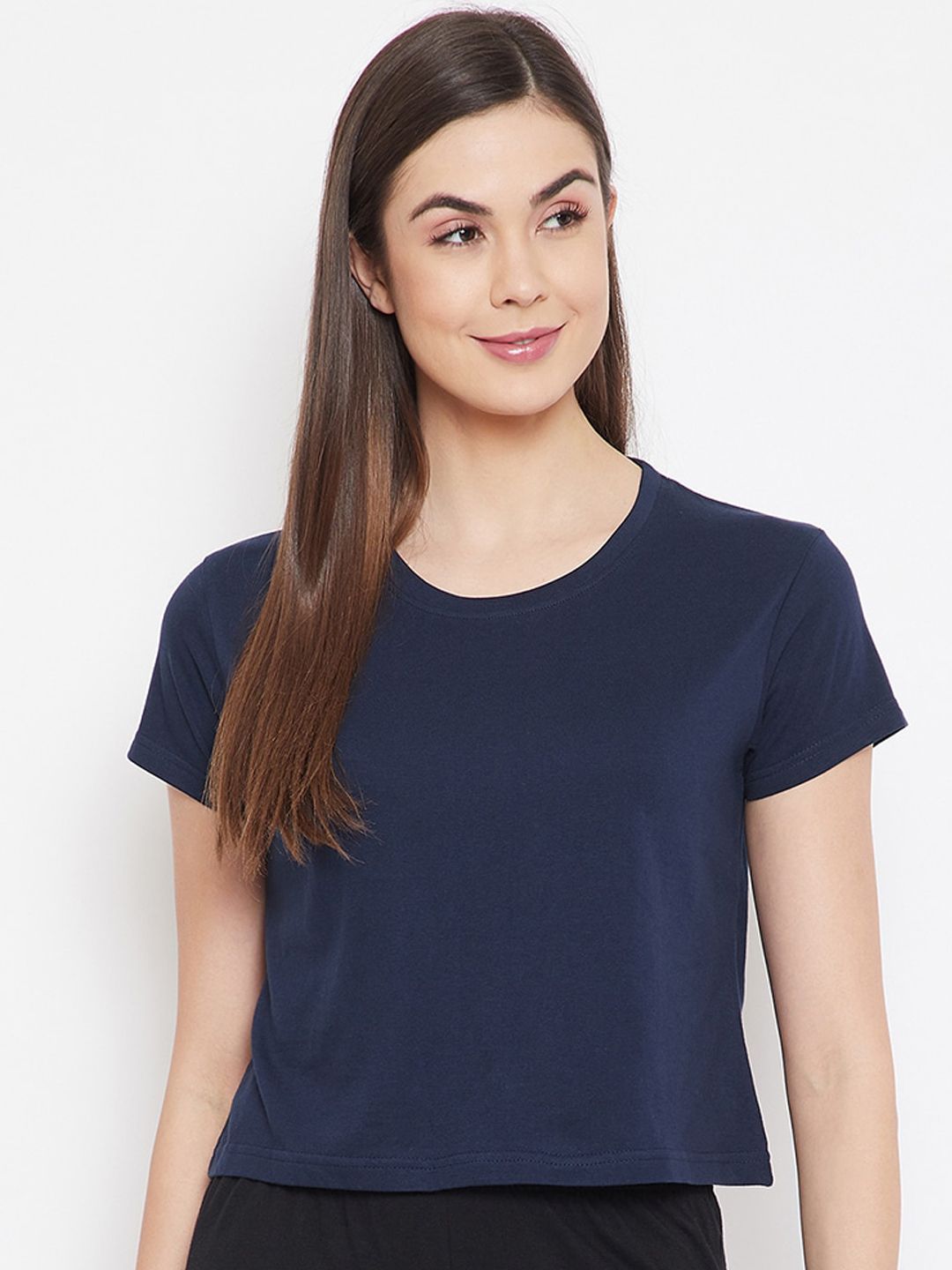 Clovia Women Navy Blue Solid Cotton Lounge T-Shirt Price in India