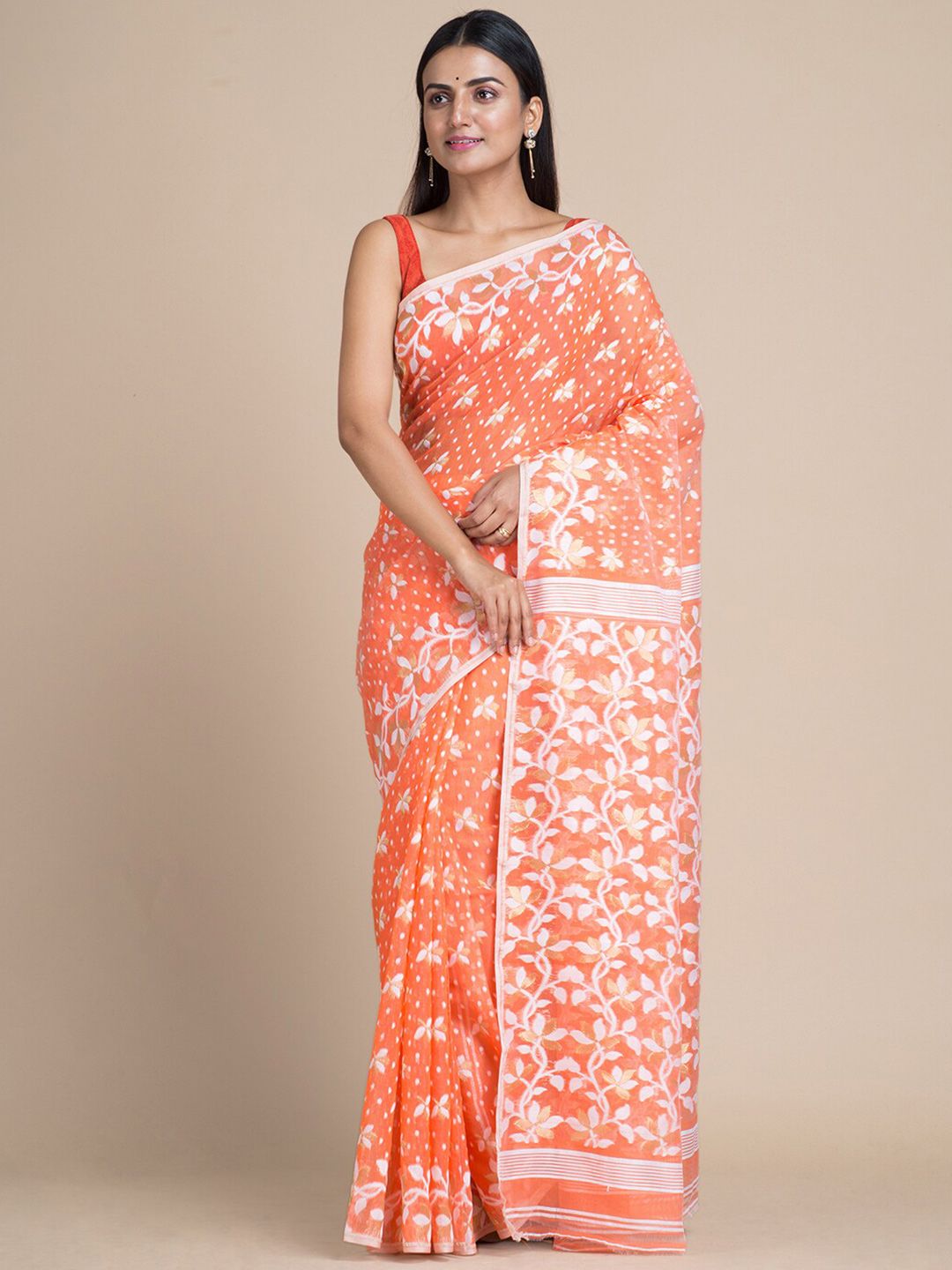 Mitera Orange & White Floral Embroidered Jamdani Saree Price in India