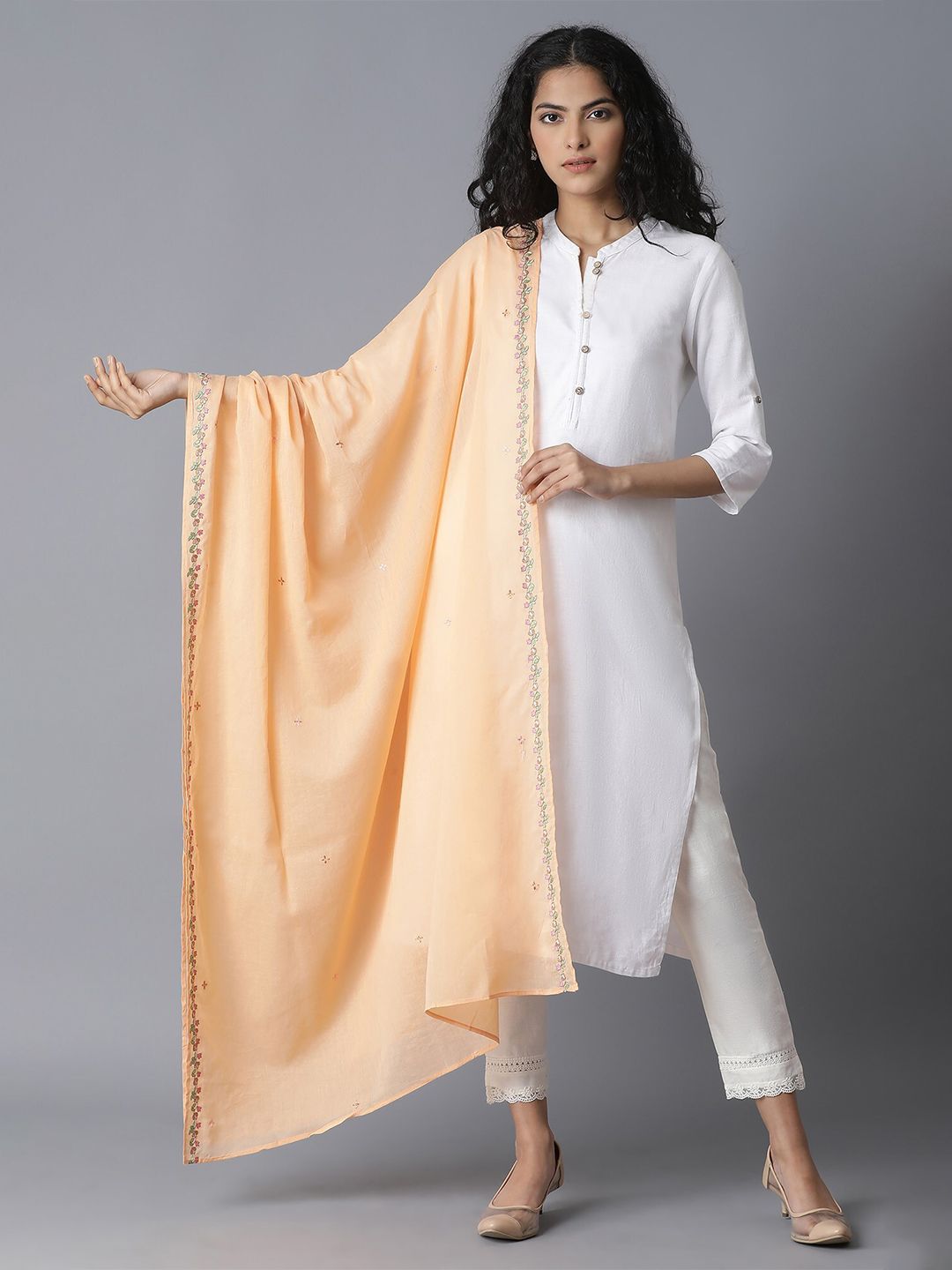 W Orange Embroidered Pure Cotton Dupatta Price in India