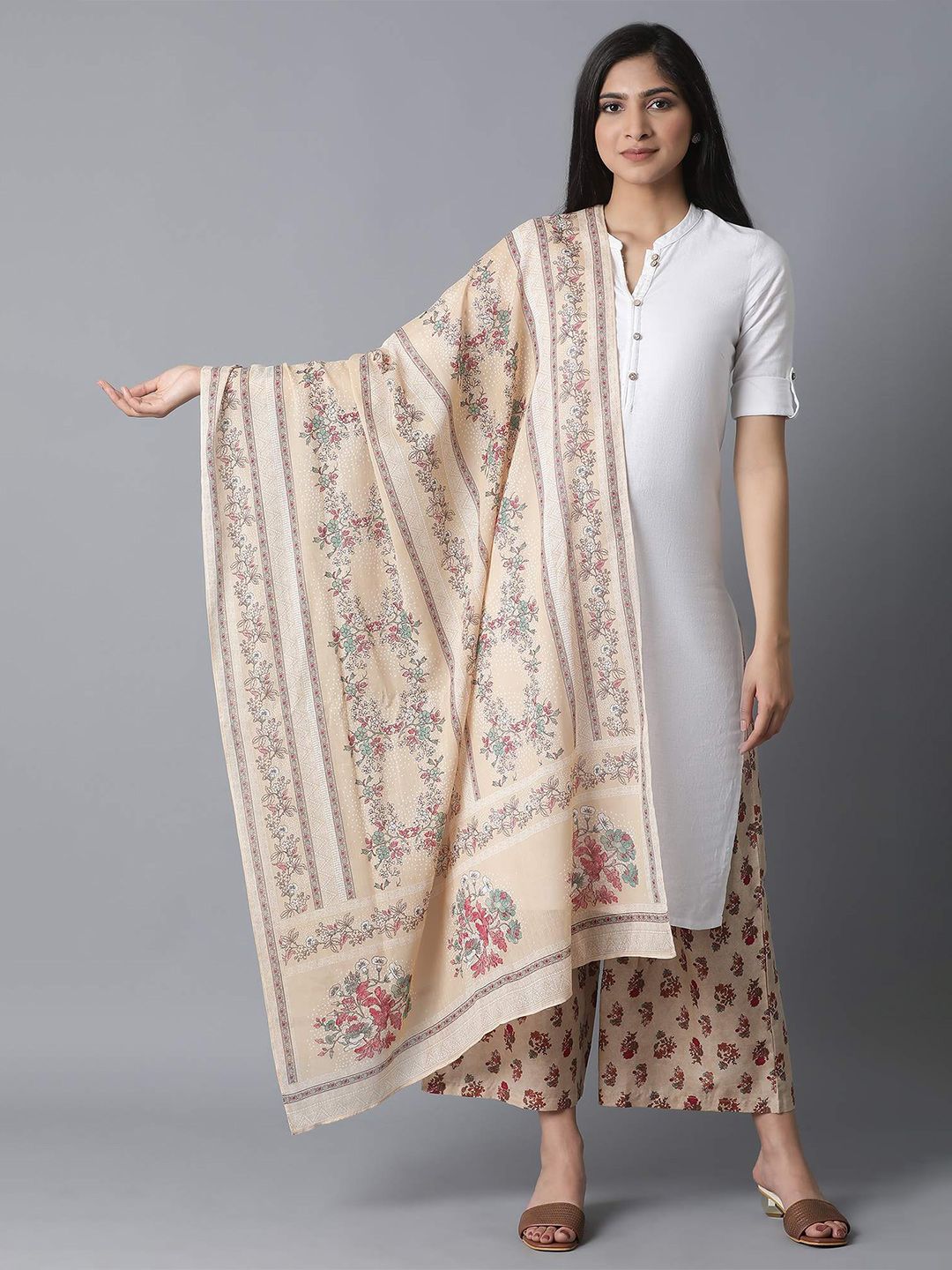 W Beige & Red Printed Pure Cotton Dupatta Price in India