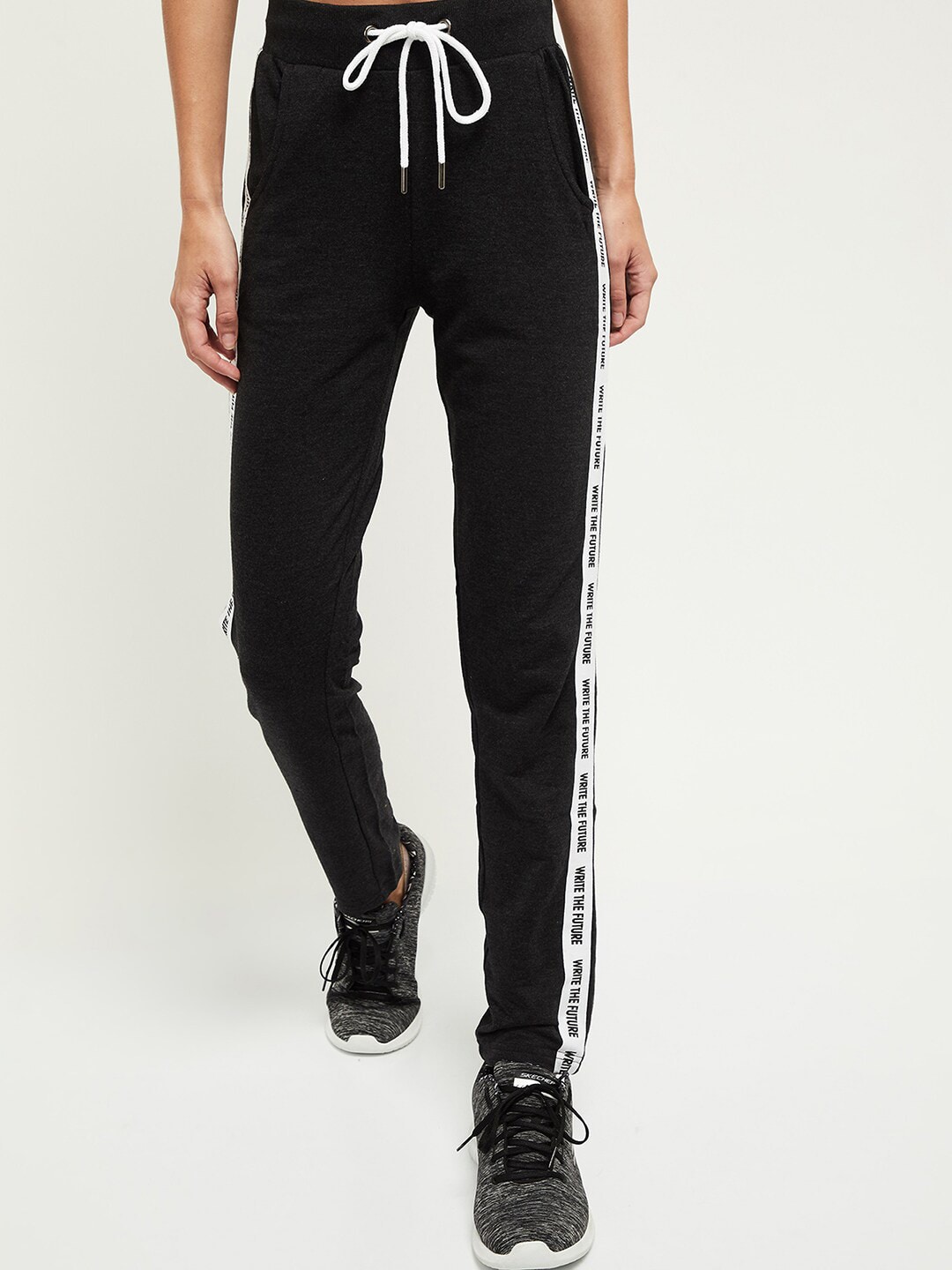 max Women Charcoal Grey & White Solid Track Pants Price in India