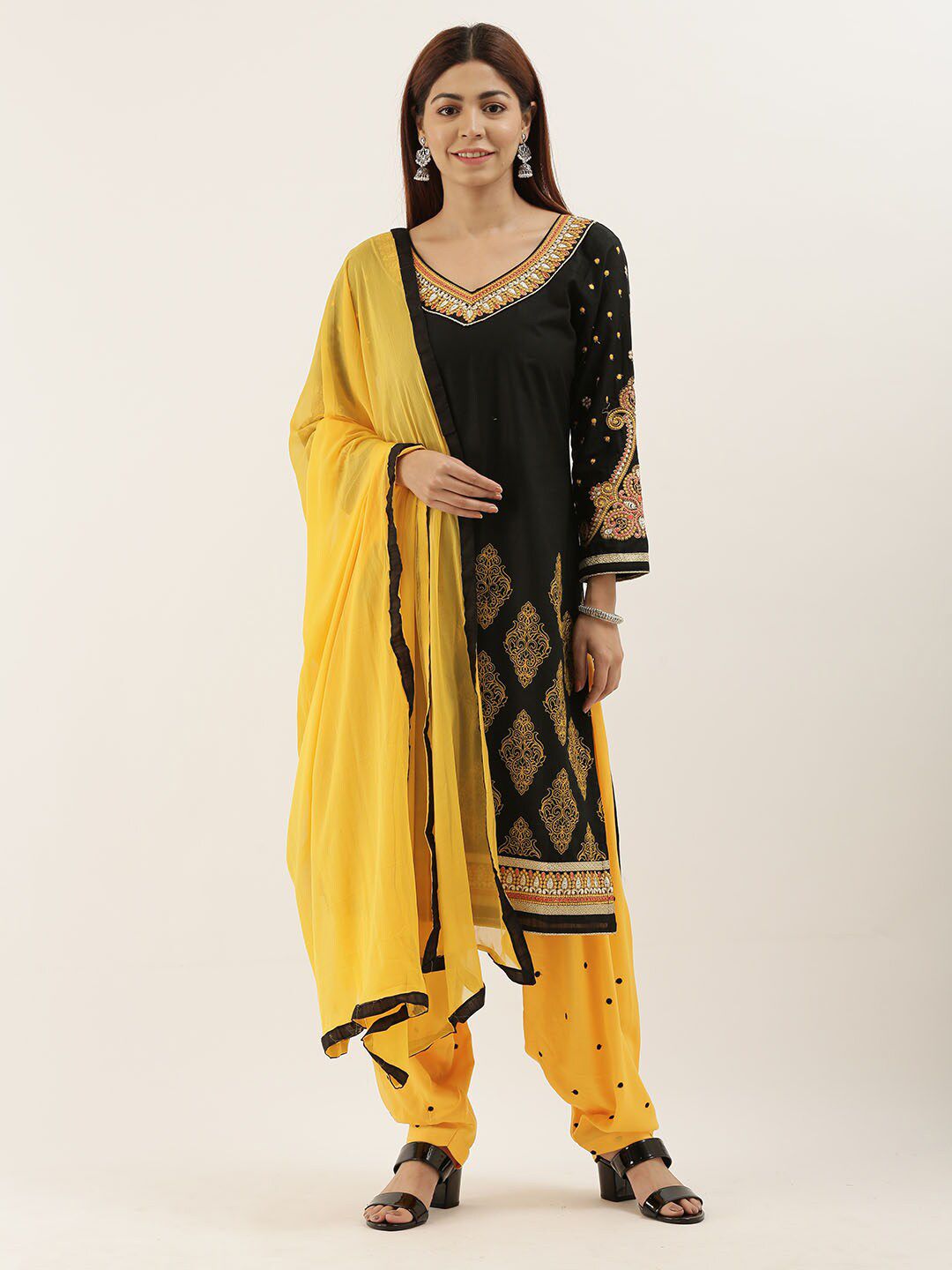 Kvsfab Black & Yellow Embroidered Unstitched Dress Material Price in India