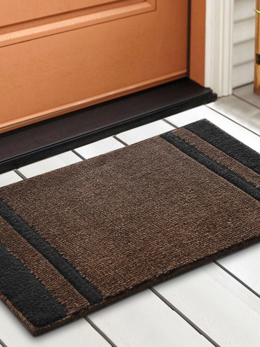 Saral Home Brown & Black Colourblocked Cotton Anti-Skid Doormats Price in India