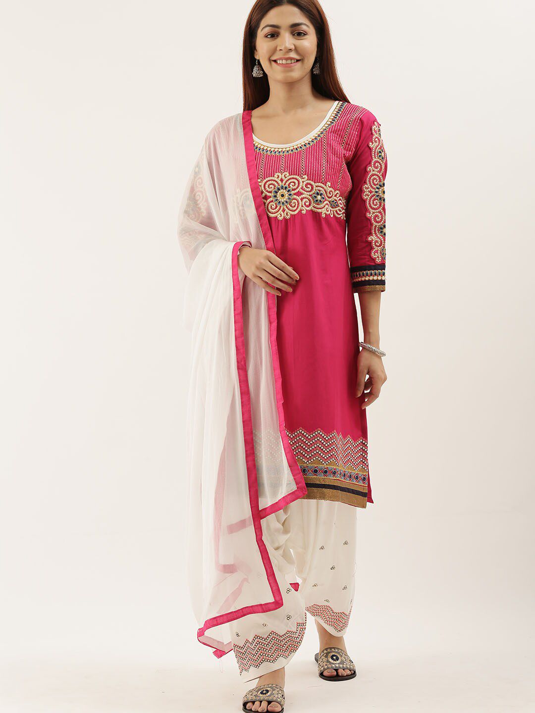 Kvsfab Pink & White Embroidered Unstitched Dress Material Price in India