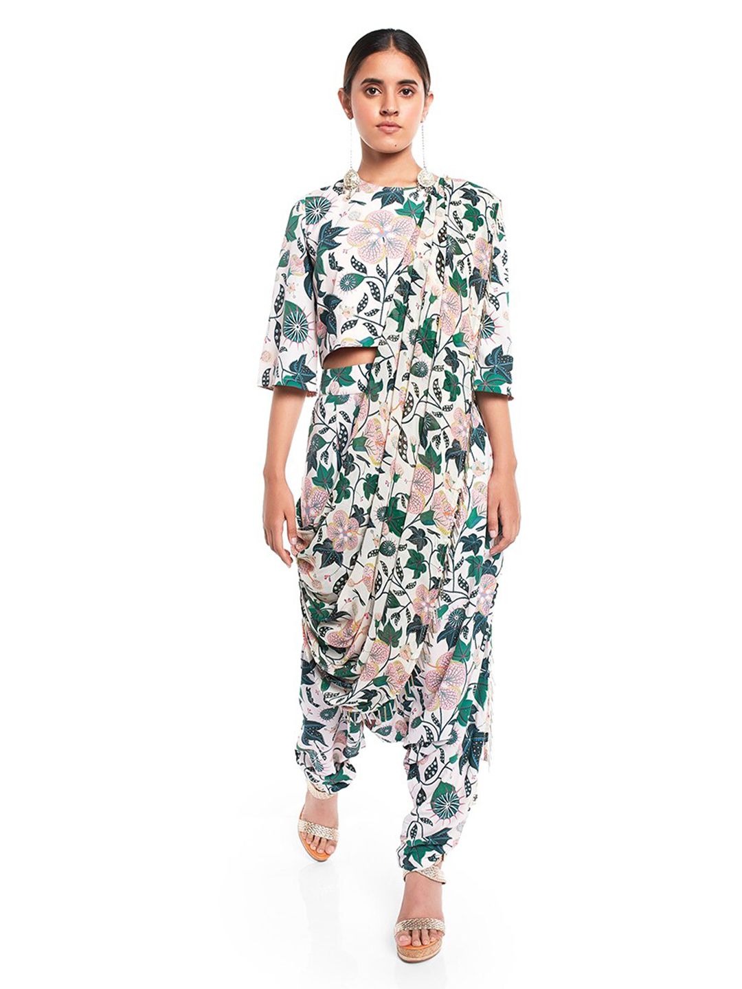 PS PRET BY PAYAL SINGHAL Women White & Green Printed Top with Dhoti Pants Price in India