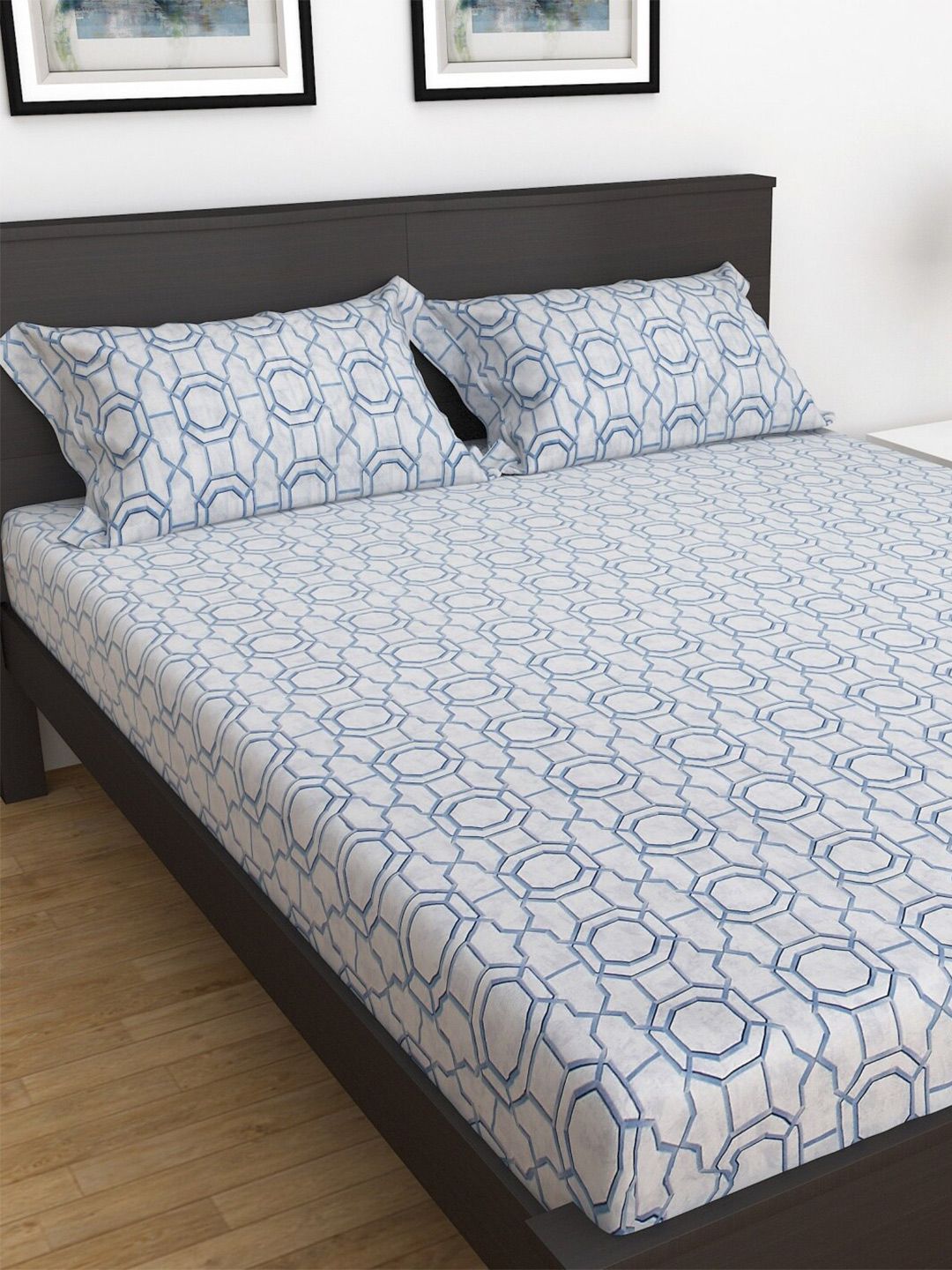 Home Centre Teal & White Geometric 150 TC King Bedsheet with 2 Pillow Covers Price in India