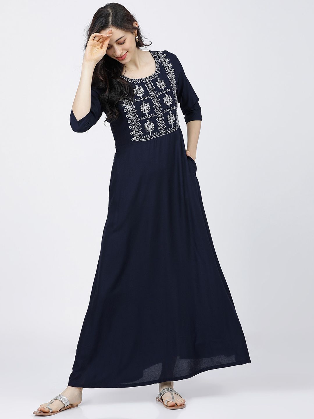 Vishudh Navy Blue Ethnic Motifs Embroidered Maxi Dress Price in India