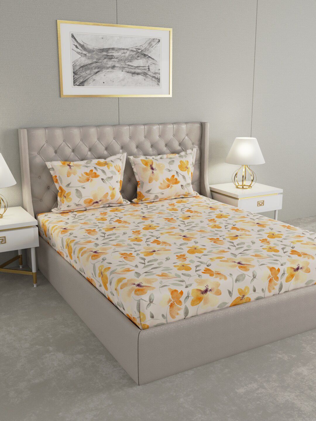 Raymond Home White & Yellow Floral 120 TC Queen Bedsheet with 2 Pillow Covers Price in India