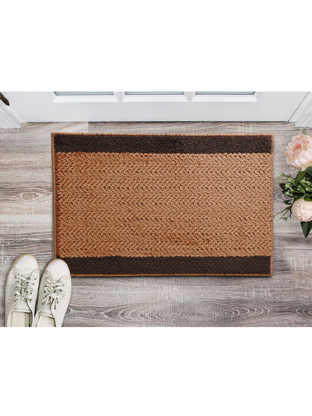 Saral Home Beige Striped Printed Cotton Anti Slip Doormat