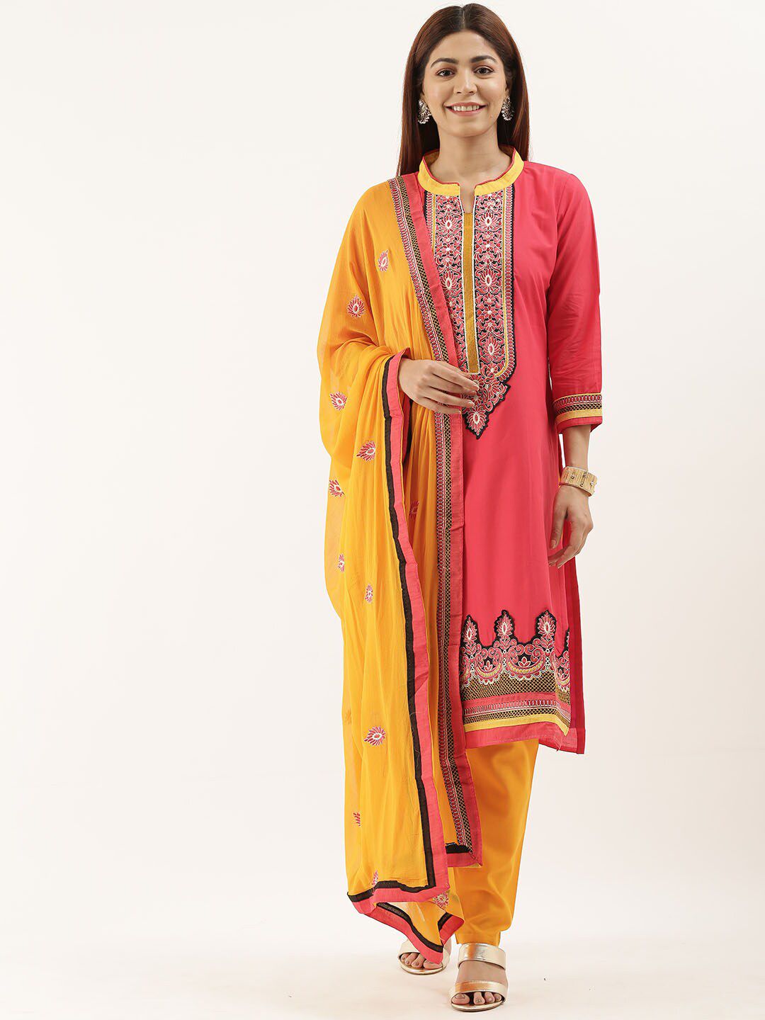 Kvsfab Pink & Yellow Embroidered Unstitched Dress Material Price in India