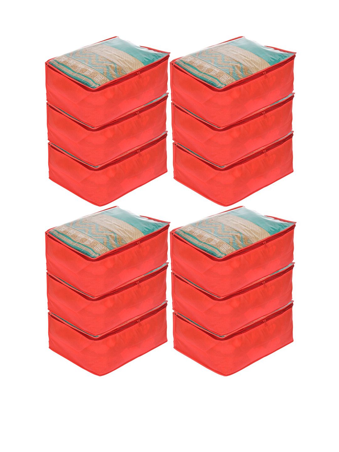 Kuber Industries Set Of 12 Red & Transparent Solid Saree Organisers Price in India