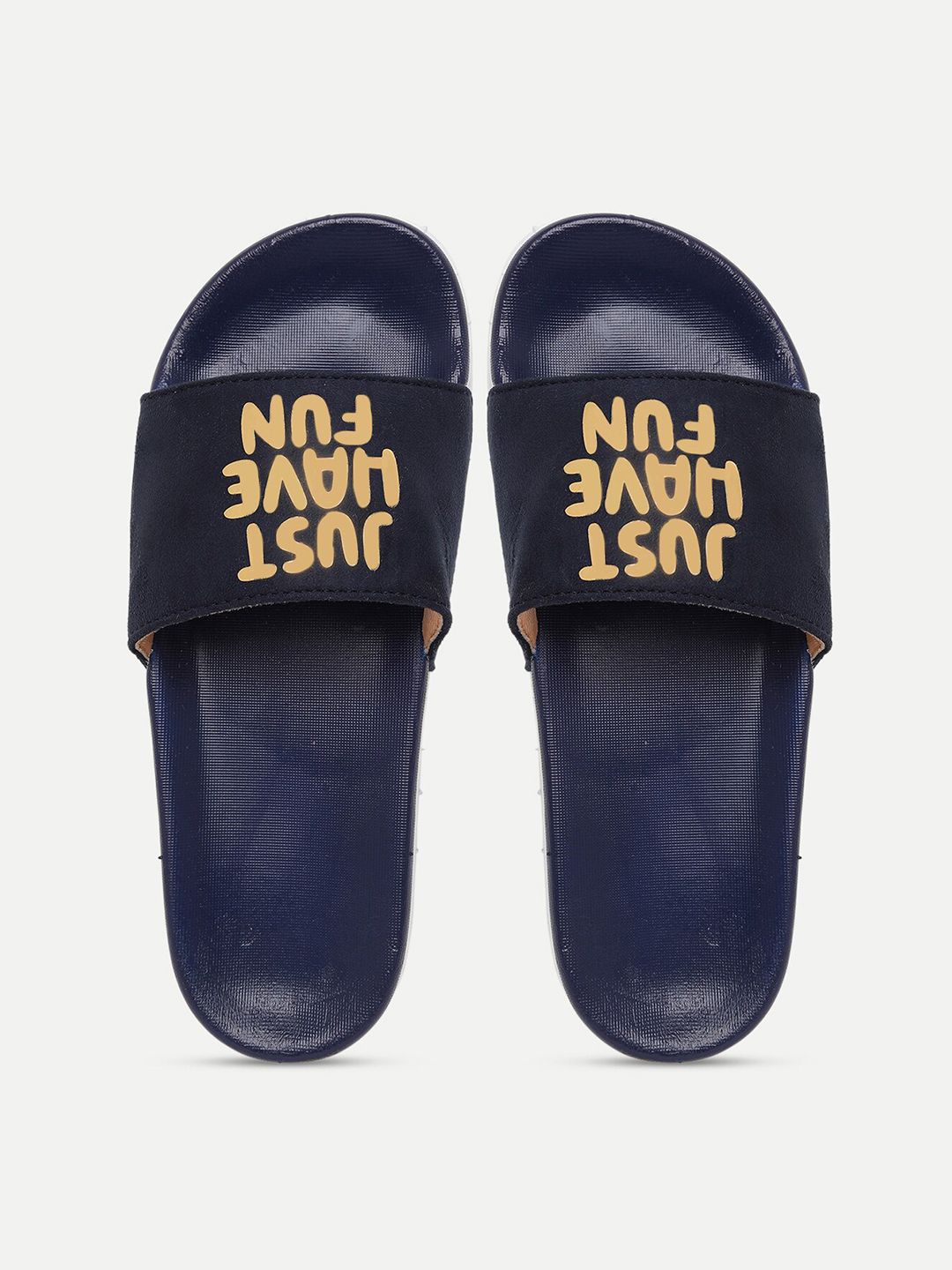 FREECO Women Navy Blue & Yellow Printed Sliders Price in India