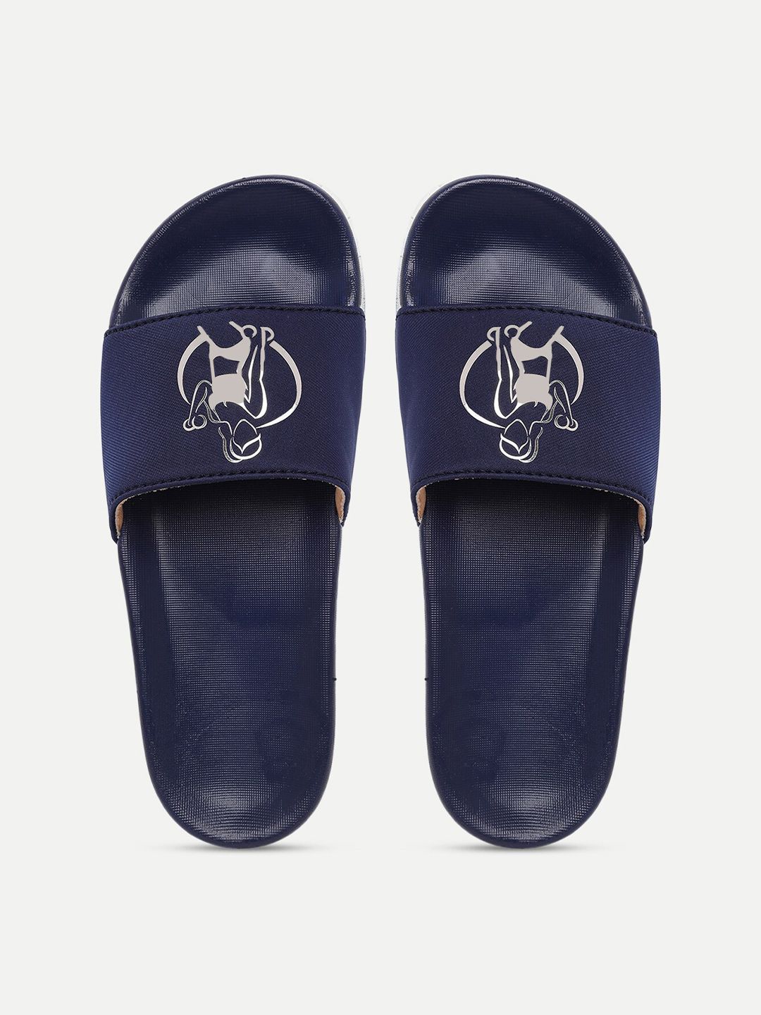 FREECO Women Navy Blue & White Printed Sliders Price in India