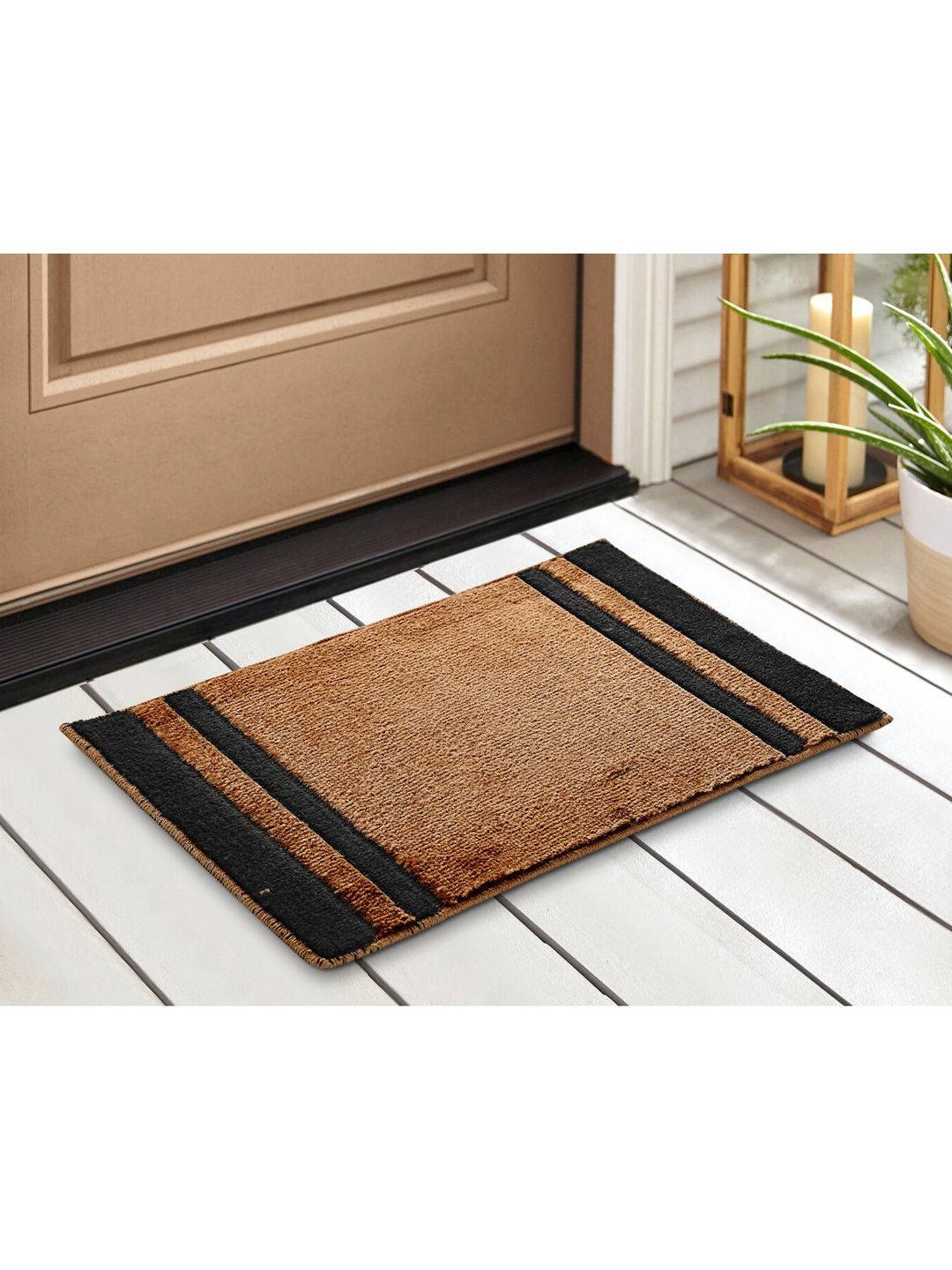 Saral Home Brown & Black 2 Pieces Striped Printed Cotton Anti Slip Doormats