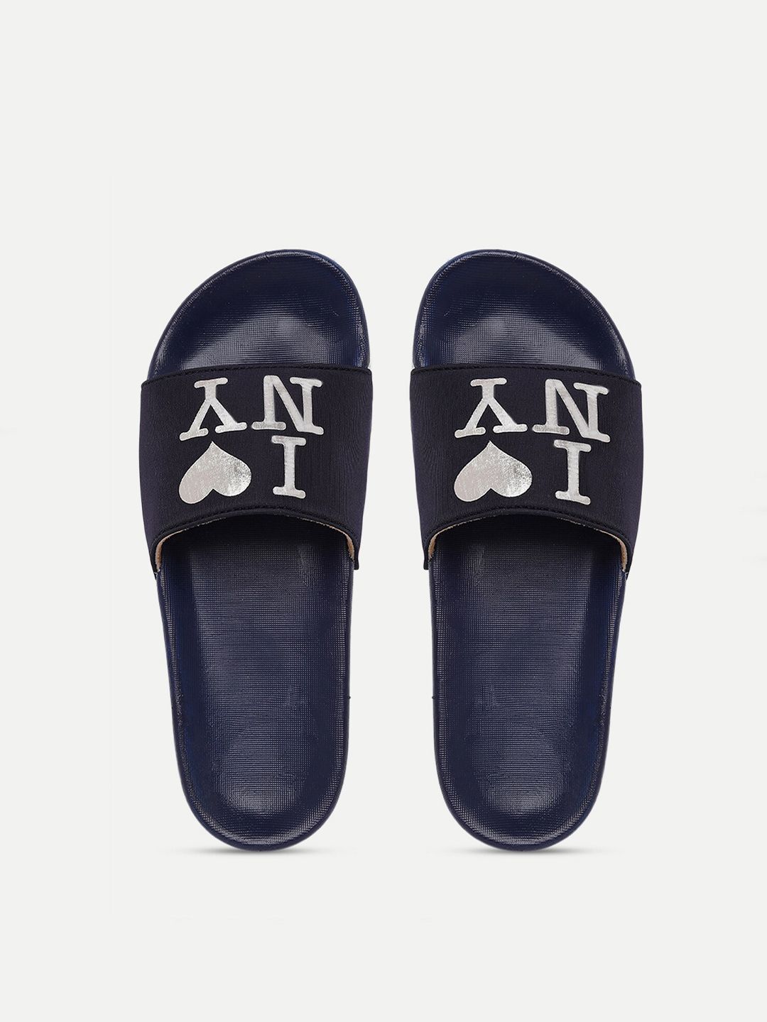 FREECO Women Navy Blue & White Printed Sliders Price in India