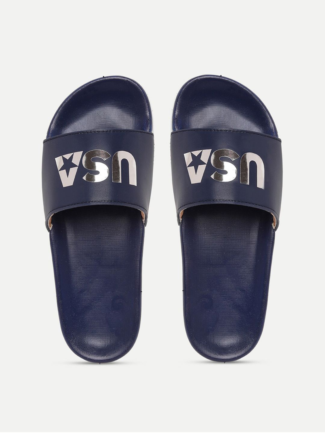 FREECO Women Navy Blue & White Printed Sliders Price in India