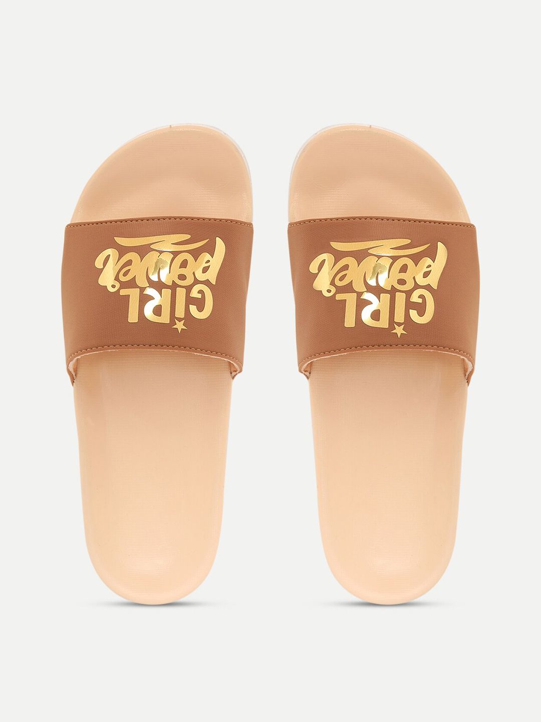 FREECO Women Brown & Peach-Coloured Printed Sliders Price in India