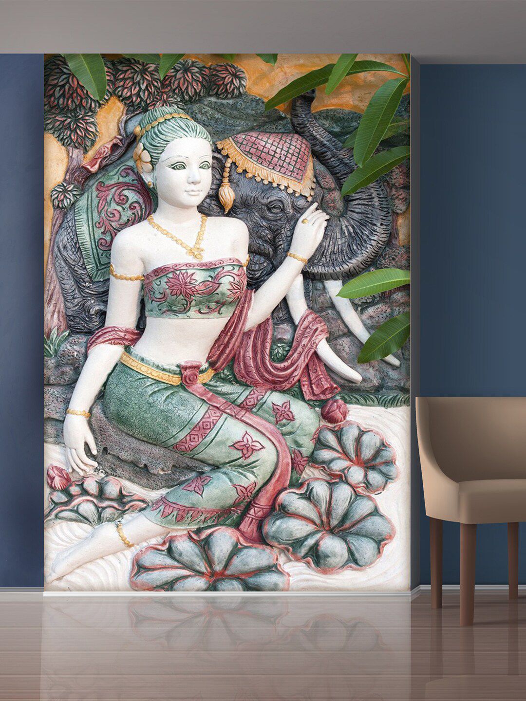 999Store White & Green Elephant & Sitting Lady Mural Wall Sticker Price in India