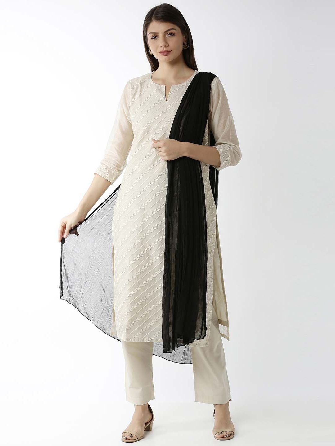 Soch Black & White Poly Georgette Solid Dupatta Price in India
