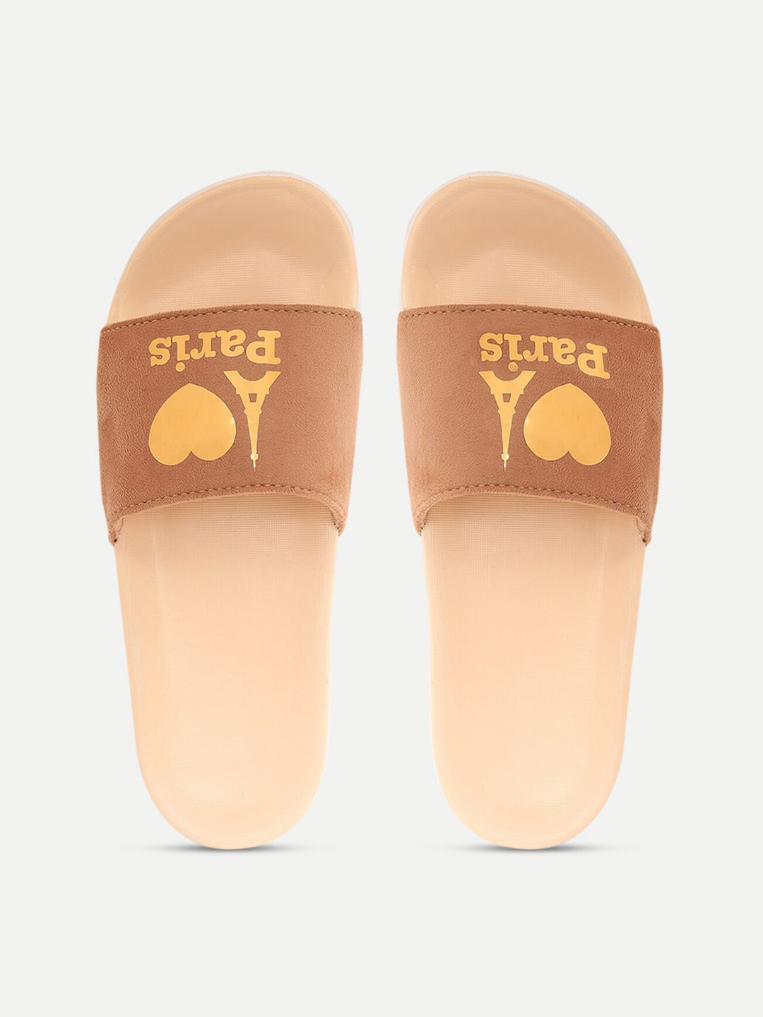 FREECO Women Brown & Yellow Printed Sliders Price in India